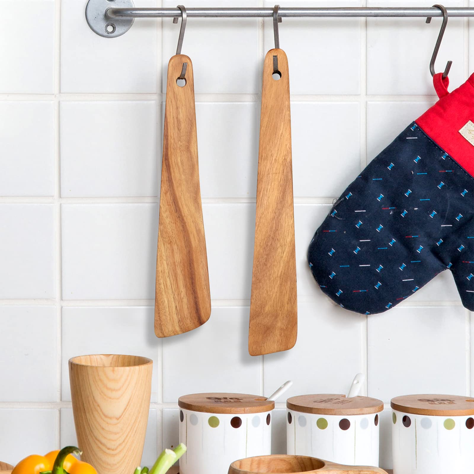 Juego de 2 espátulas de madera de teca, espátulas planas para cocina, espátulas de madera para cocinar, hornear, antiadherentes, utensilios de cocina, espátulas para remover masa madre, espátula para