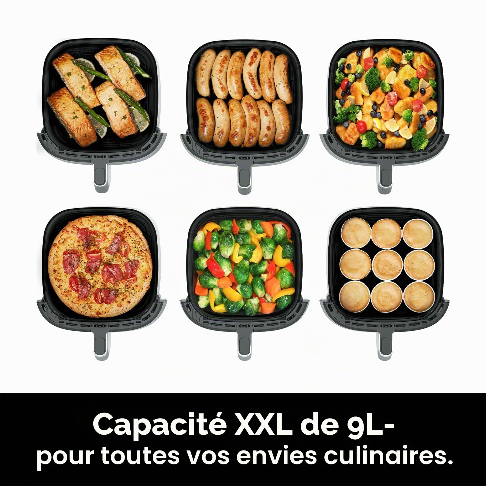 Air Fryer XXL 9L – 2350W Friteuse sans Huile pour une cuisson rapide, Friteuse à air avec Grande fenêtre, 9 Programmes, 40–200°C, Rappel Shake, Maintien au Chaud