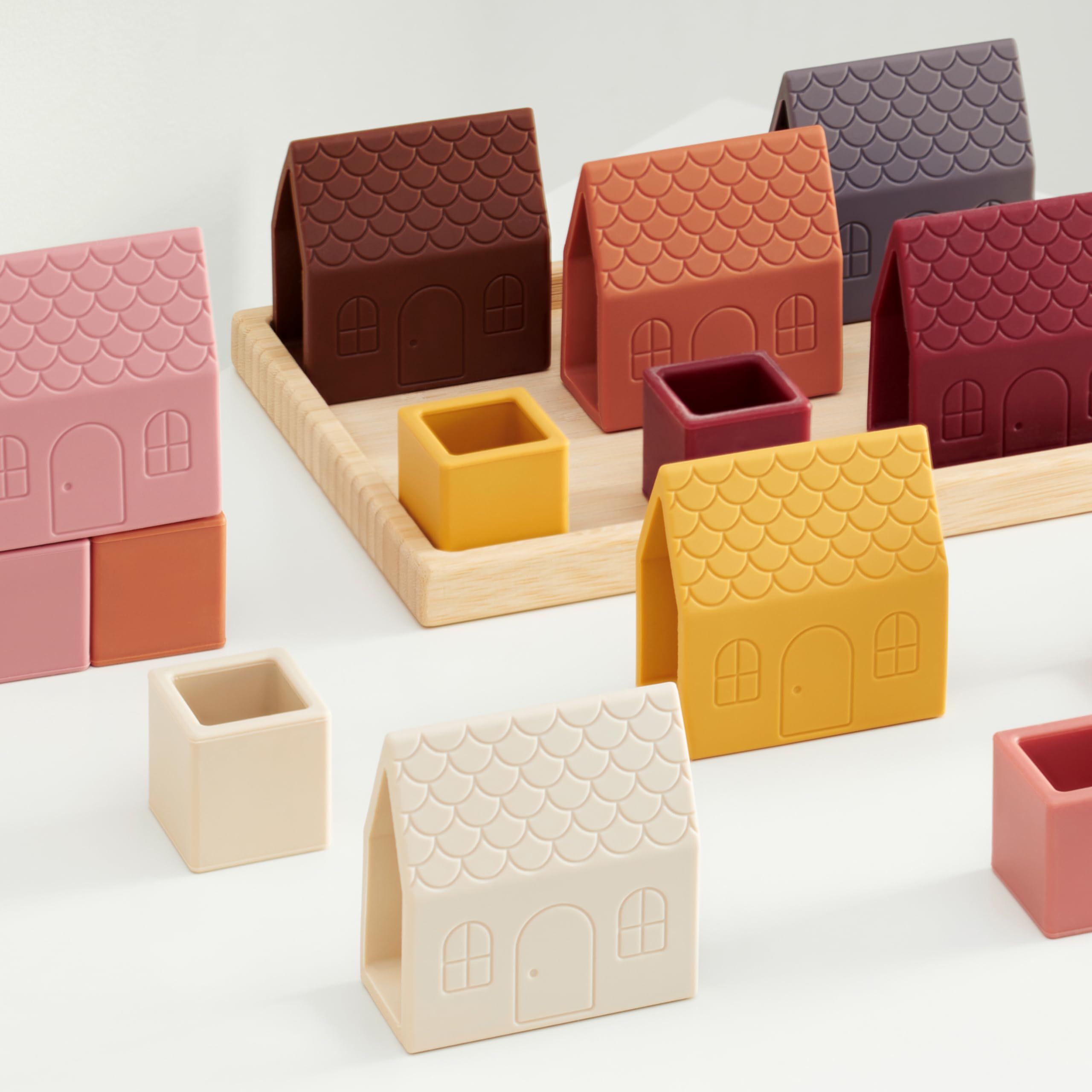 tickit SiliSoft Village Blocks- 16-Piece Durable Silicone & Natural Bamboo Building Set including House Blocks and Open Cubes for Imaginative Creative Construction and Sensory Play - Image 3
