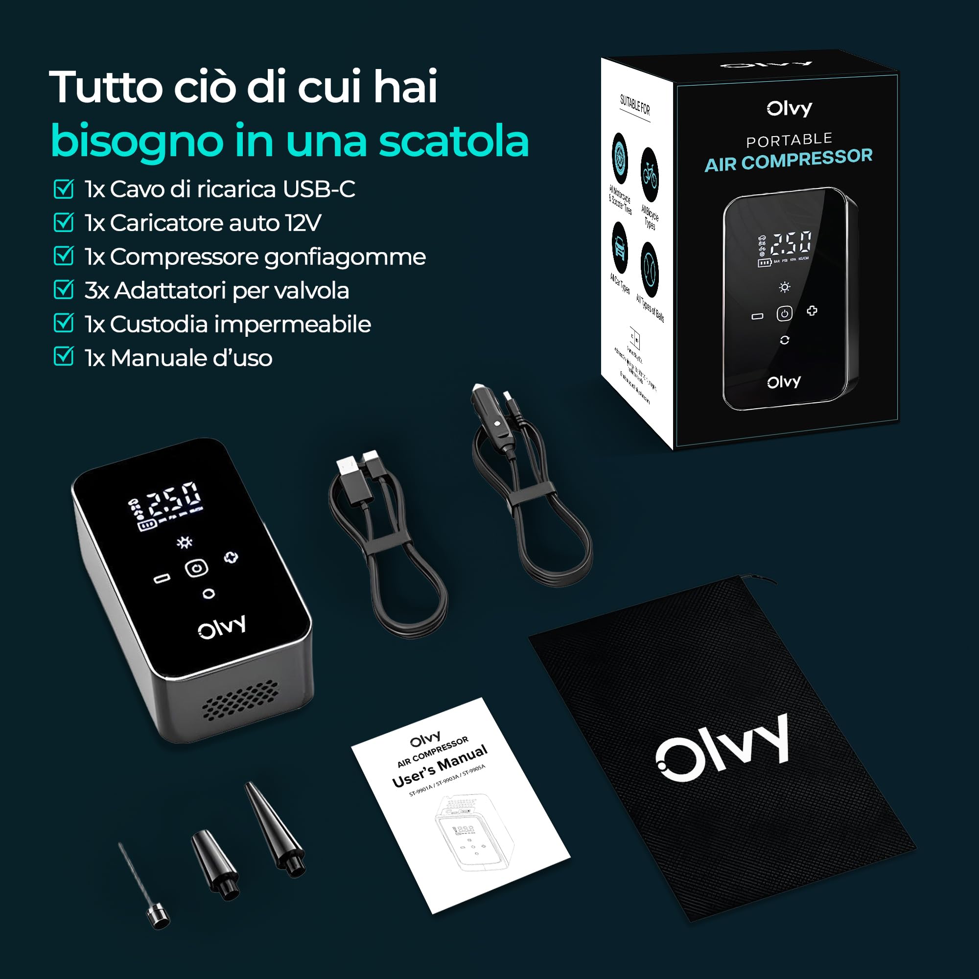 Olvy Compressore d'aria portatile - Gonfiatore di pneumatici senza fili 12V - Batteria ricaricabile 6000 mAh - Display digitale - Spegnimento automatico - Luce LED - Per auto, bici, moto, palla e mate