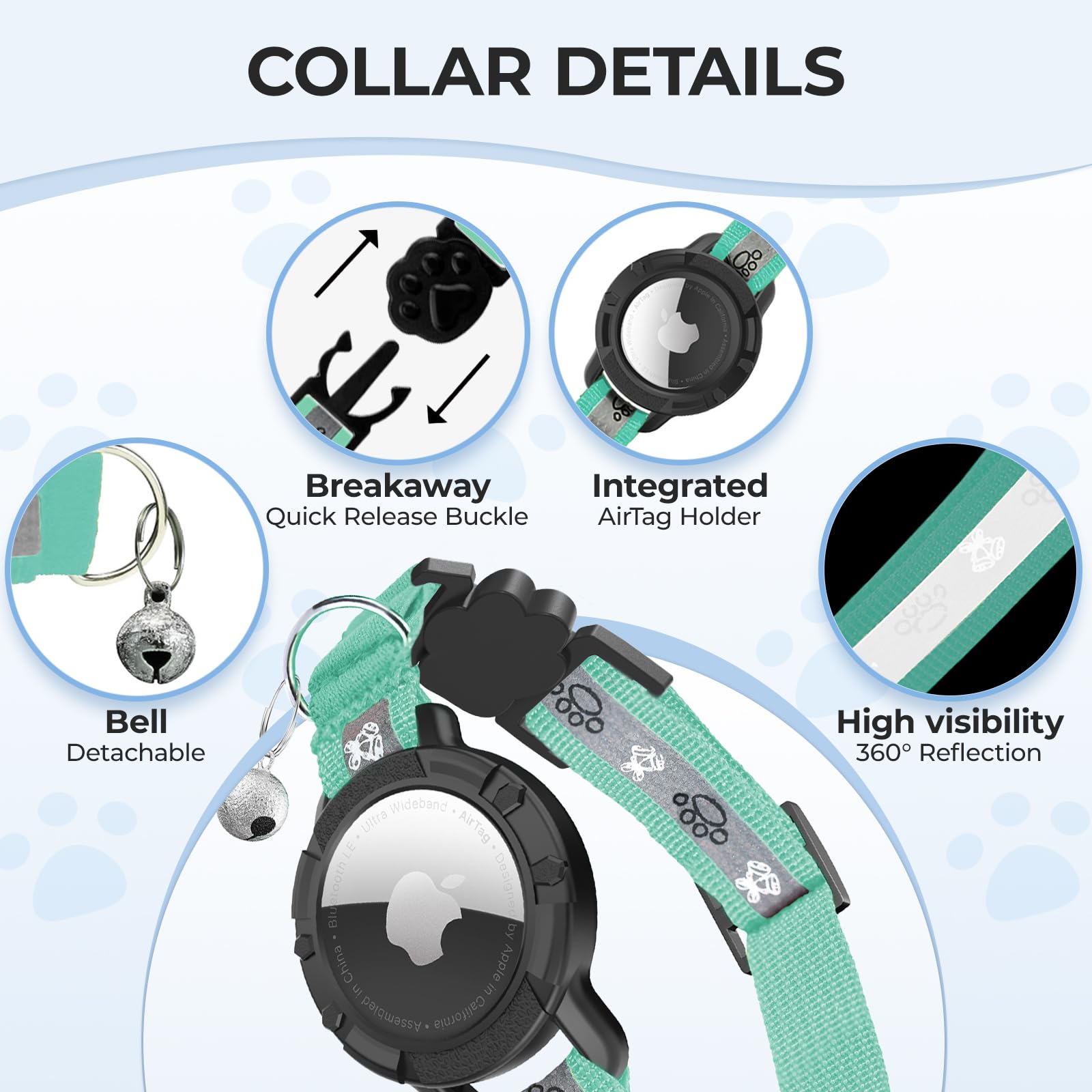 Breakaway AirTag, Collare riflettente per gatti, con supporto per etichetta dell'aria e campanello, fascia elastica di sicurezza, collare GPS per gatti, gattini e cuccioli (verde, 20-33 cm)