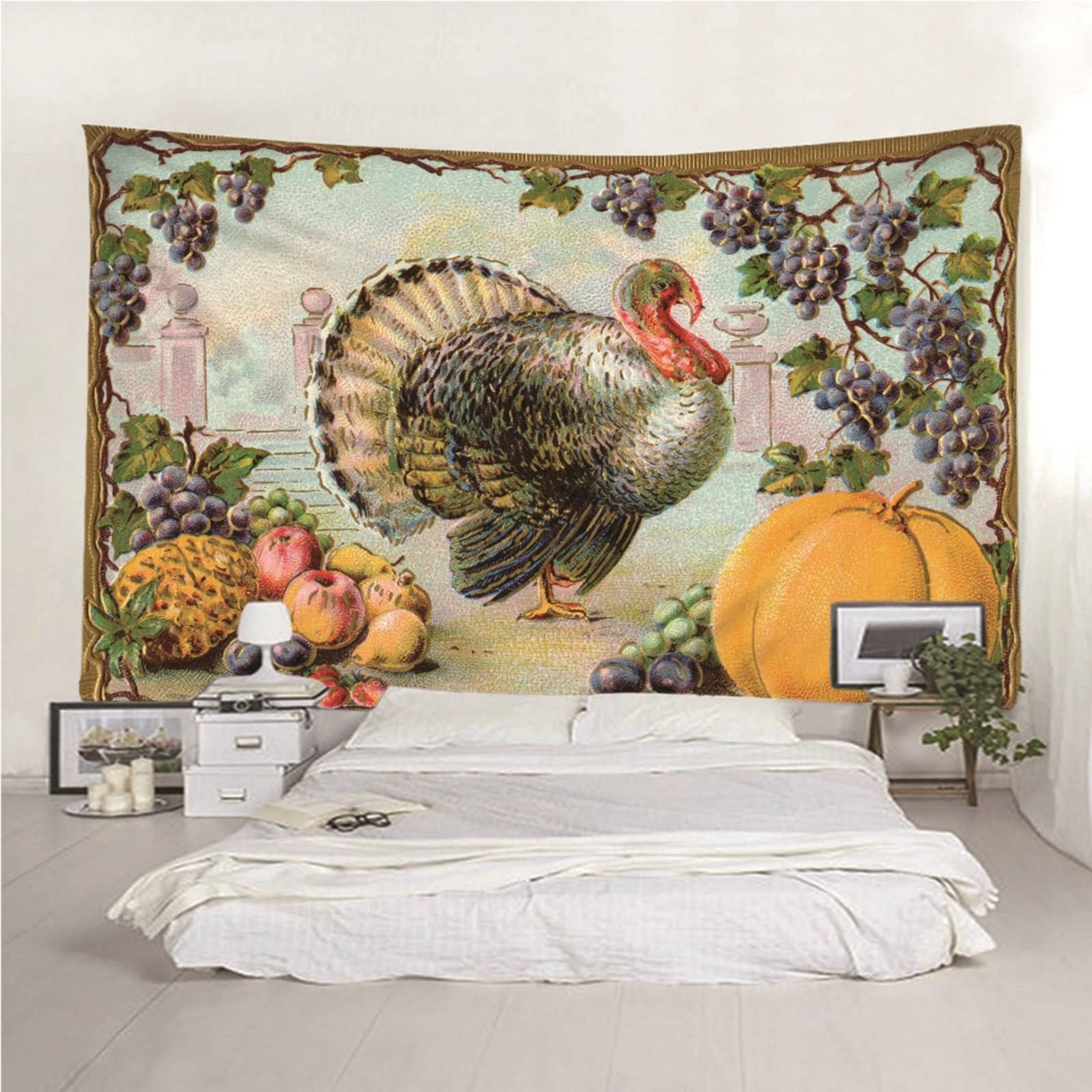 Aotiwe Uroczy gobelin, dekoracje ścienne do sypialni owoce i indyk poliester wielokolorowy 350 x 256 cm do wnętrz