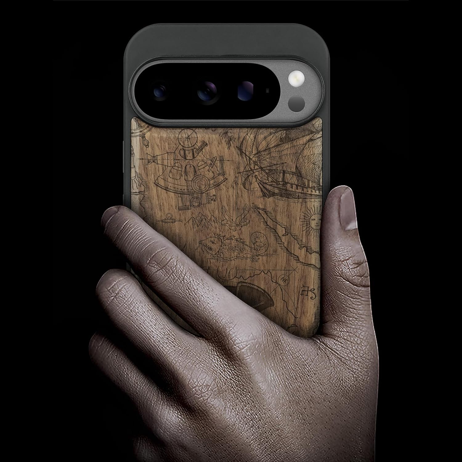 Carveit Magnetic Wooden Case for Google Pixel 10 / Pixel 10 Pro Case, Wood Artisan Engraved & Soft TPU Shockproof Cover, Compatible with MagSafe Wireless Chargers (Pirate Flag) Walnut