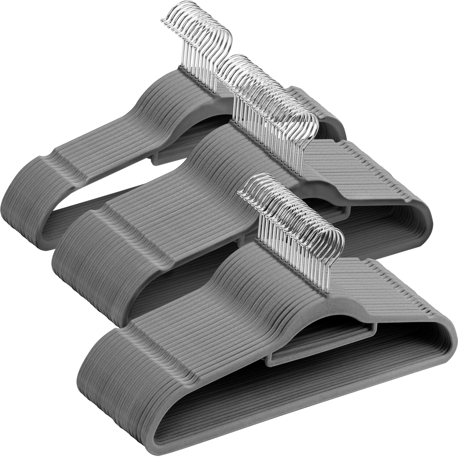 GRANDMA SHARK Coat Hanger, Velvet Flock with 2 Non-Slip Notches, Tie Organizer and 360° Hook, Space Saving Hanger for Suspenders, Coats, Jackets and Suits (Grey, 50)