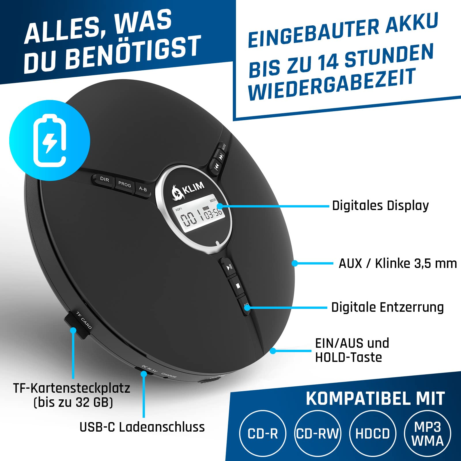 KLIM Discman mit Kopfhörer - Tragbarer CD-Player mit Kopfhörer - mit eingebautem Akku - NEU - Kompakter Mini Portable CD Player, kompatibel mit CDR, CDRW und MP3