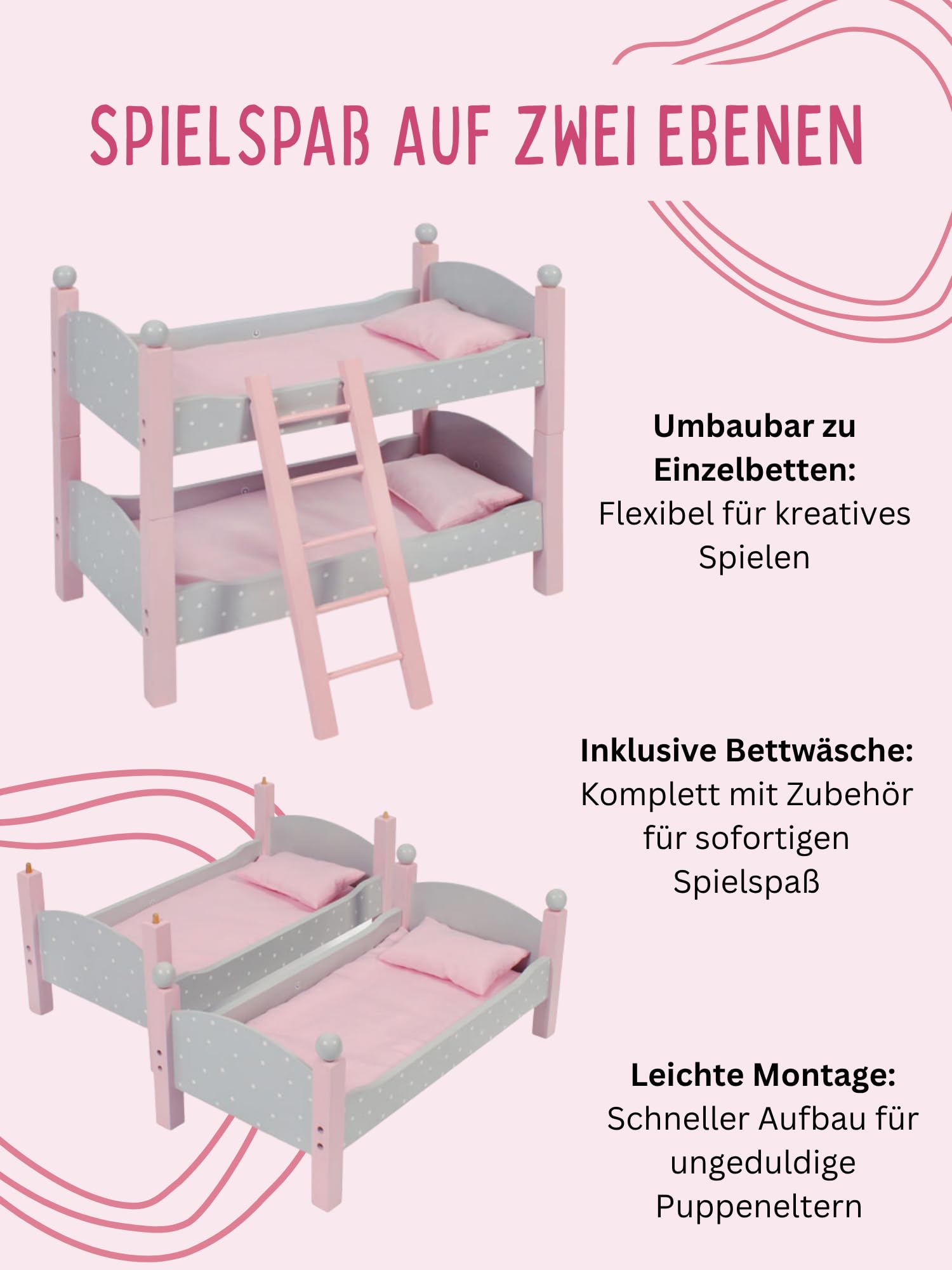 Bayer Chic 2000 513 91 Letto a Castello per Bambole, 3 Anni a 8 Anni, Grigio, Puntos Grey, Piccolo