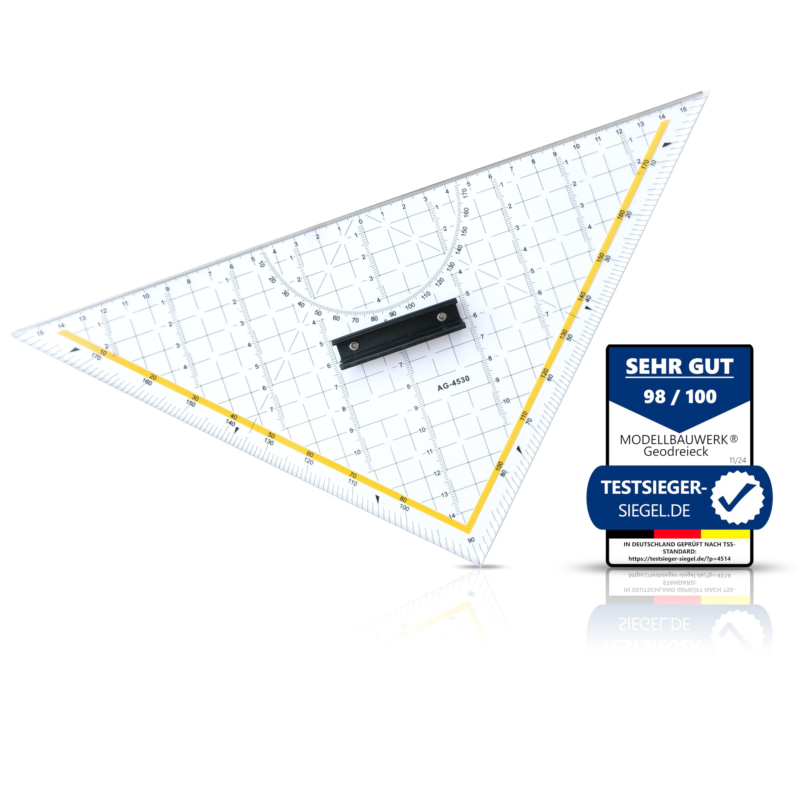 !!-Präzision aus Acrylglas und Edelstahl-!! Sehr hochwertiges 325mm-Schneidedreieck aus transparentem, dicken Acrylglas und mit einer massiven Stahlkante von Modellbauwerk®, Geodreieck