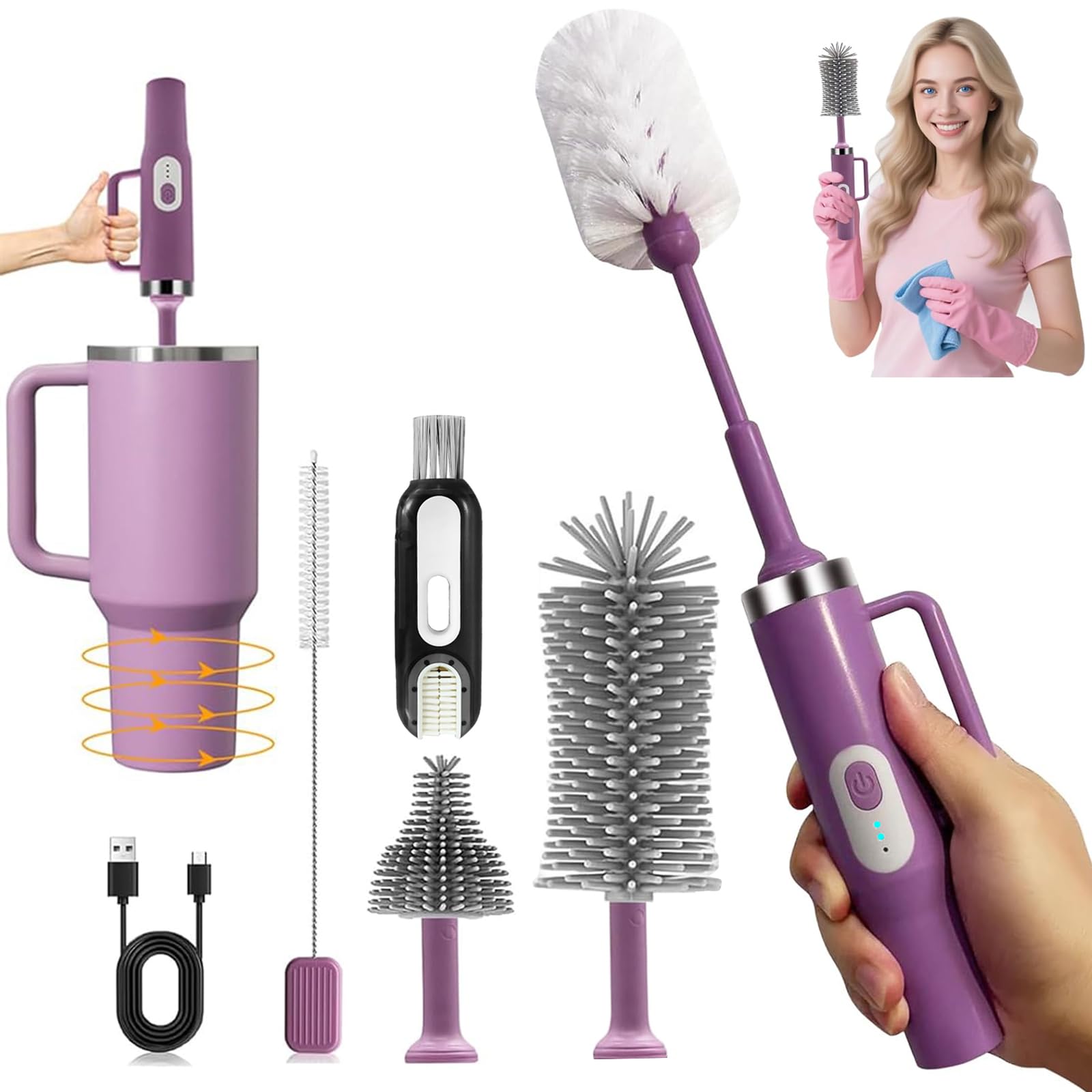 5-in-1 Long Handle Electric Bottle Brush Cleaner and Straw Cleaning Brush with Removable Brush Head, Multi-Function Rechargeable,for Stanley Cups,
