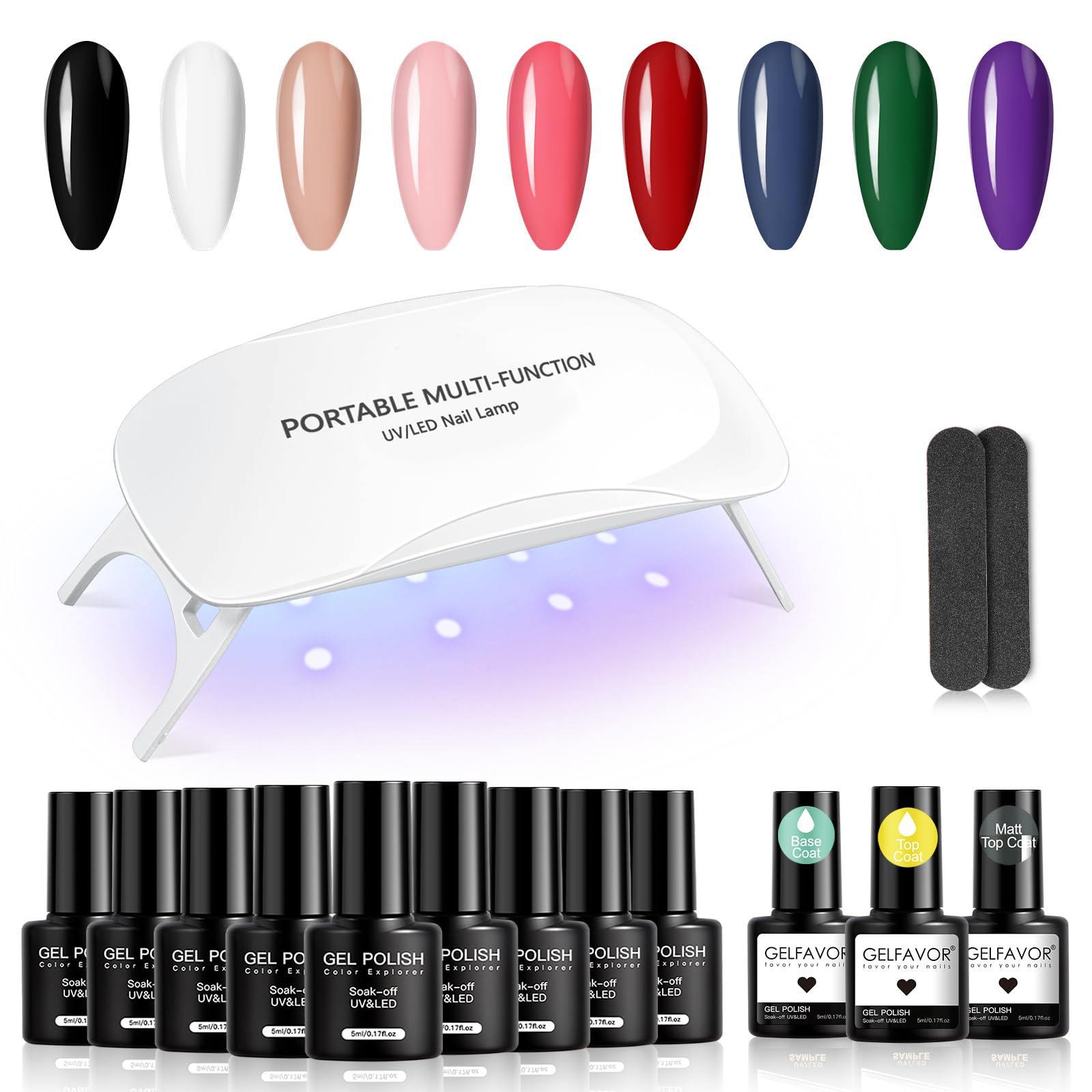 GELFAVOR Kit Uñas Semipermanentes con UV LED Lámpara, Mini 14PCS Esmaltes Semipermanentes Kit de Inicio, negro Blanco Rosa Rojo Azul Verde Morado 9 Colores Pintauñas Semipermanentes