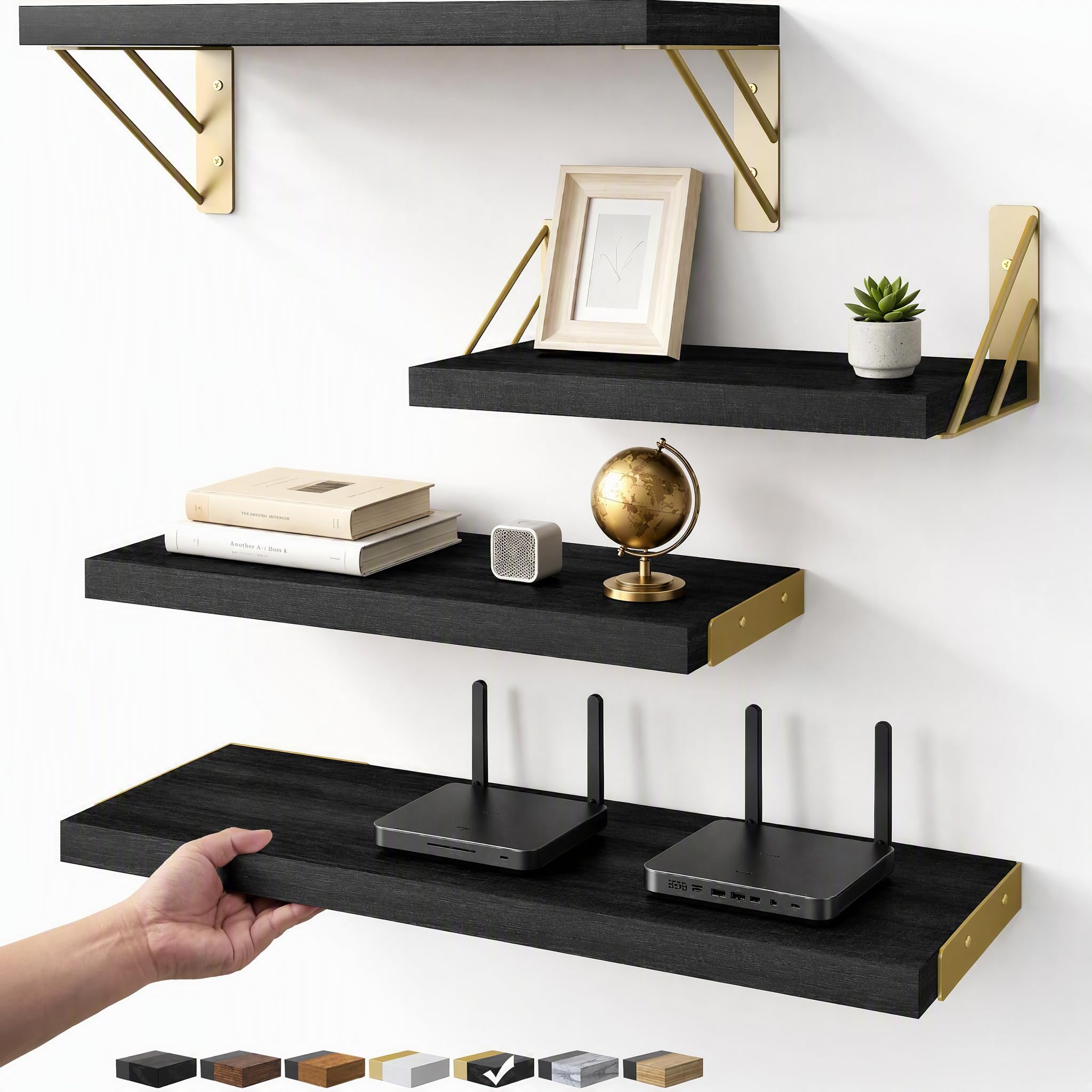 BAYKA Floating Shelves for Bedroom Decor, Wall Shelves for Storage, Wall Mounted Rustic Wood Floating Shelf for Books,Corner Shelf for Bathroom,Kitchen,Living Room(Black and GoldÔºåSet of 4)