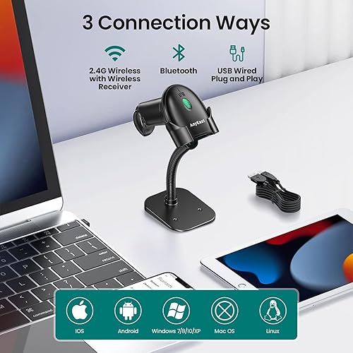 Vista 2 de Escáner de código de barras con soporte, Bluetooth y escáner de código de barras inalámbrico, escáneres de código QR 2D 1D para computadora POS