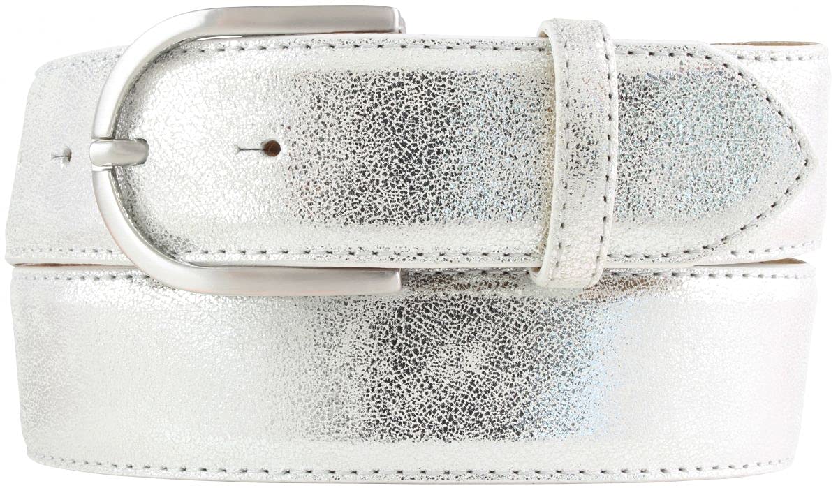 BELTINGER Damen-Gürtel mit Metall-Optik Echt Leder 4 cm | Leder-Gürtel Metallic-Look 40mm glänzend | Metall-Ledergürtel mit runder Gürtelschnalle