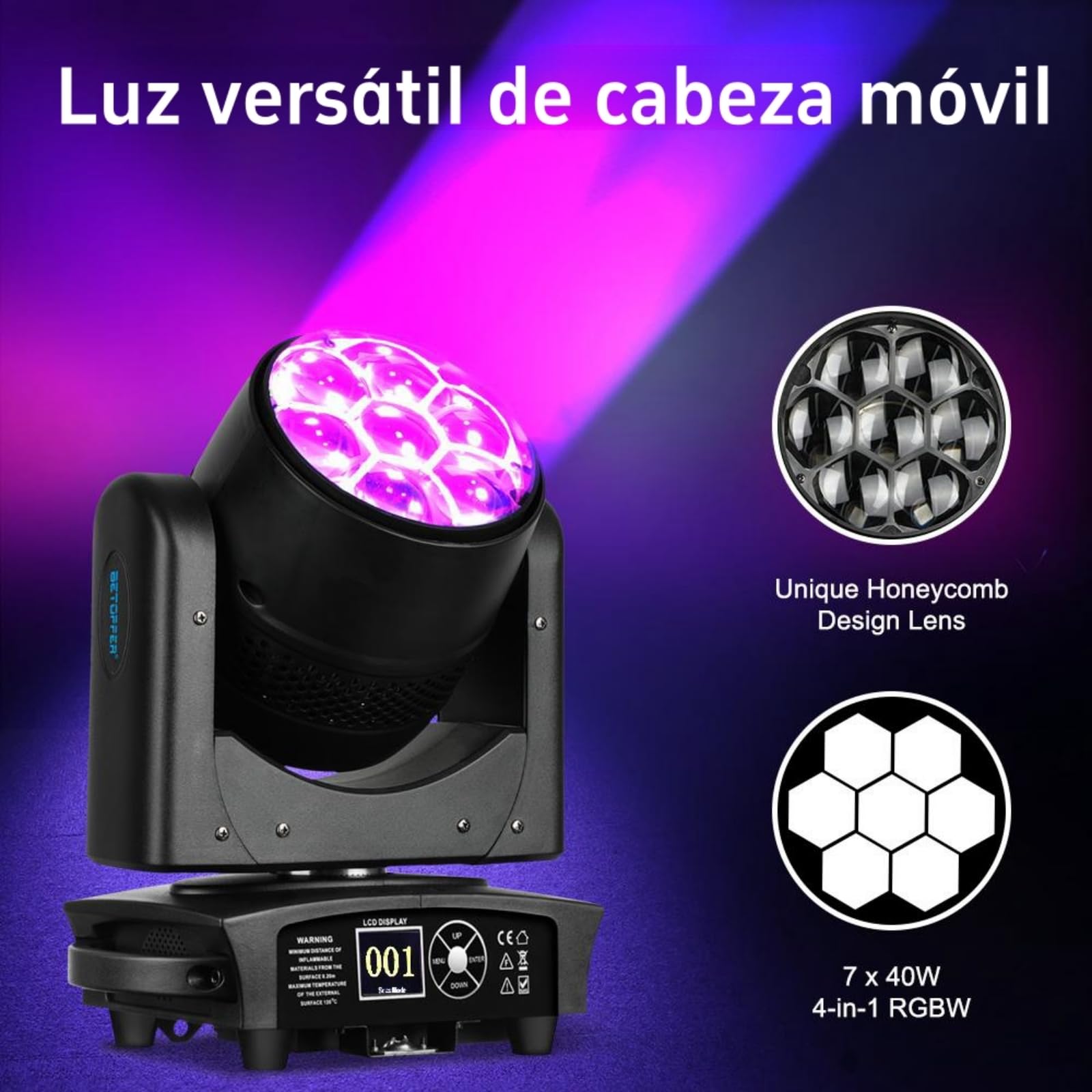 BETOPPER Cabezas móviles 350 W luces discoteca,Moving Head LED 7x40W RGBW Beam/Wash/Zoom/CTO efecto Bee Eye–Luces Spot para iluminación de escenario con activación sonora para fiestas, clubes,2 PCS