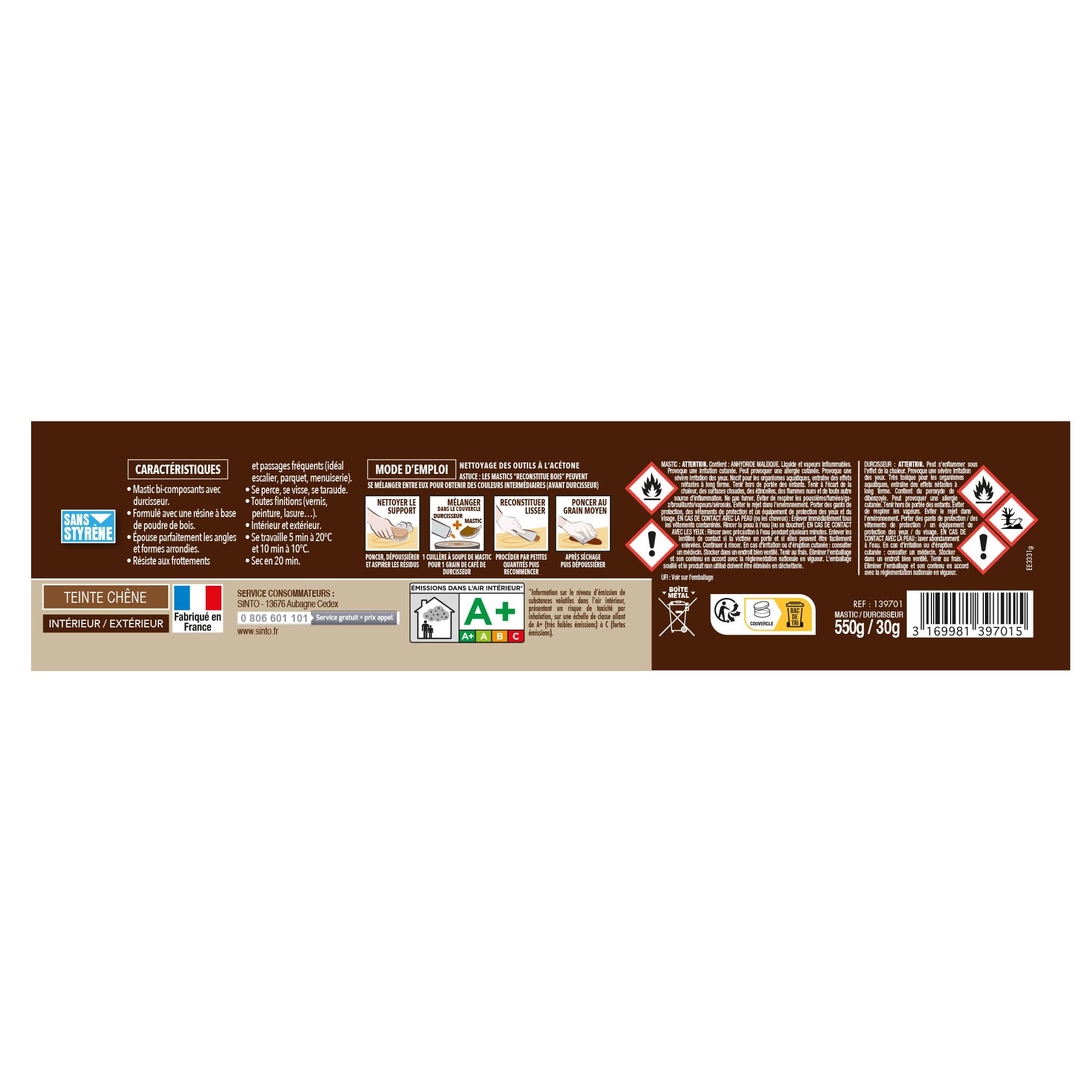 SINTO Mastic reconstitue angles et gros trous chêne 500ml, mastic bi-composant séchage en 20 min, parquets meubles menuiseries, bonne adhérence et résistance sur bois, intérieur et extérieur