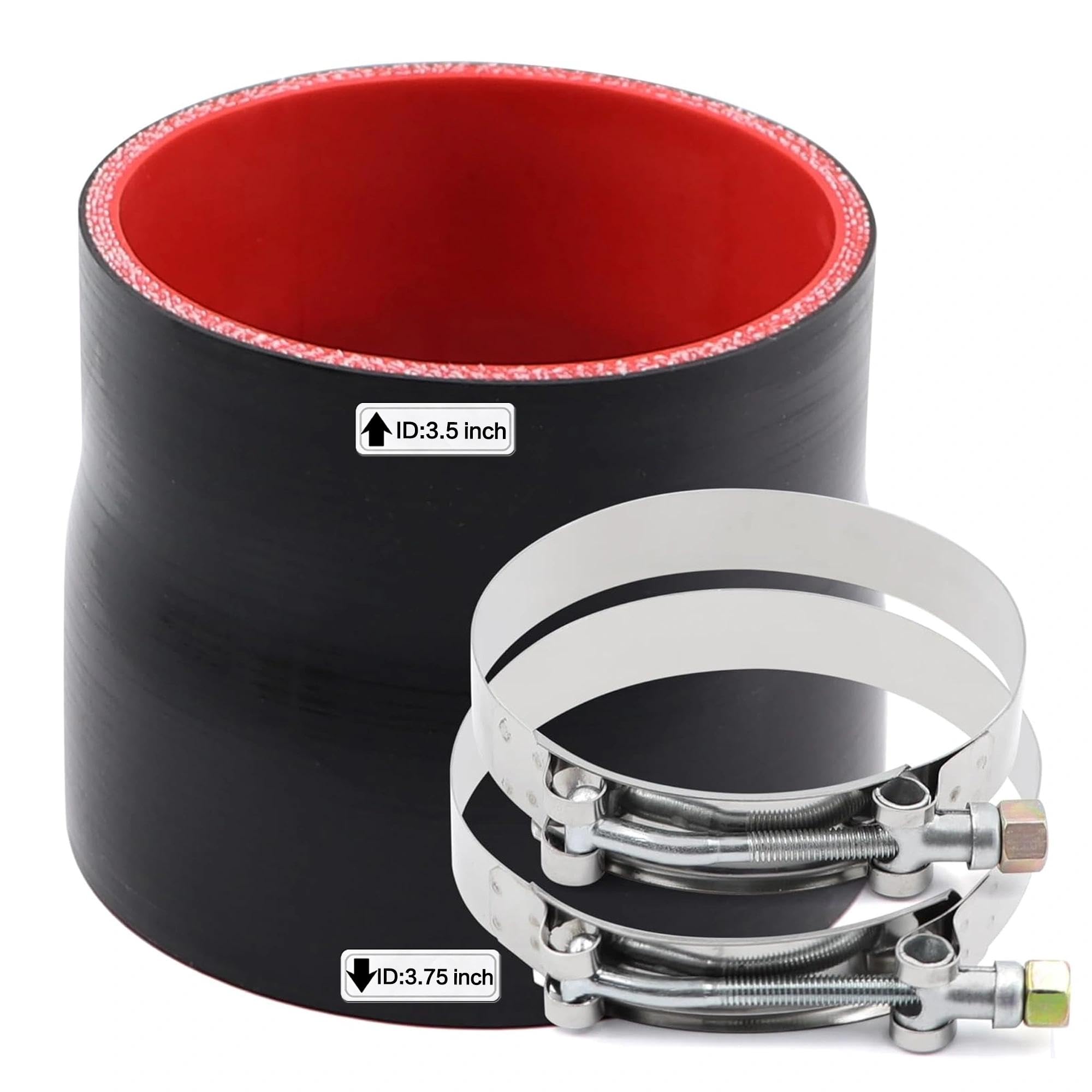3-1/2 to 3-3/4inches Straight Black Silicone Reducer Coupler with 2 T-Bolt Clamps 4 Layers of Polyester Reinforcement Suitable High Level Turbo Pipe