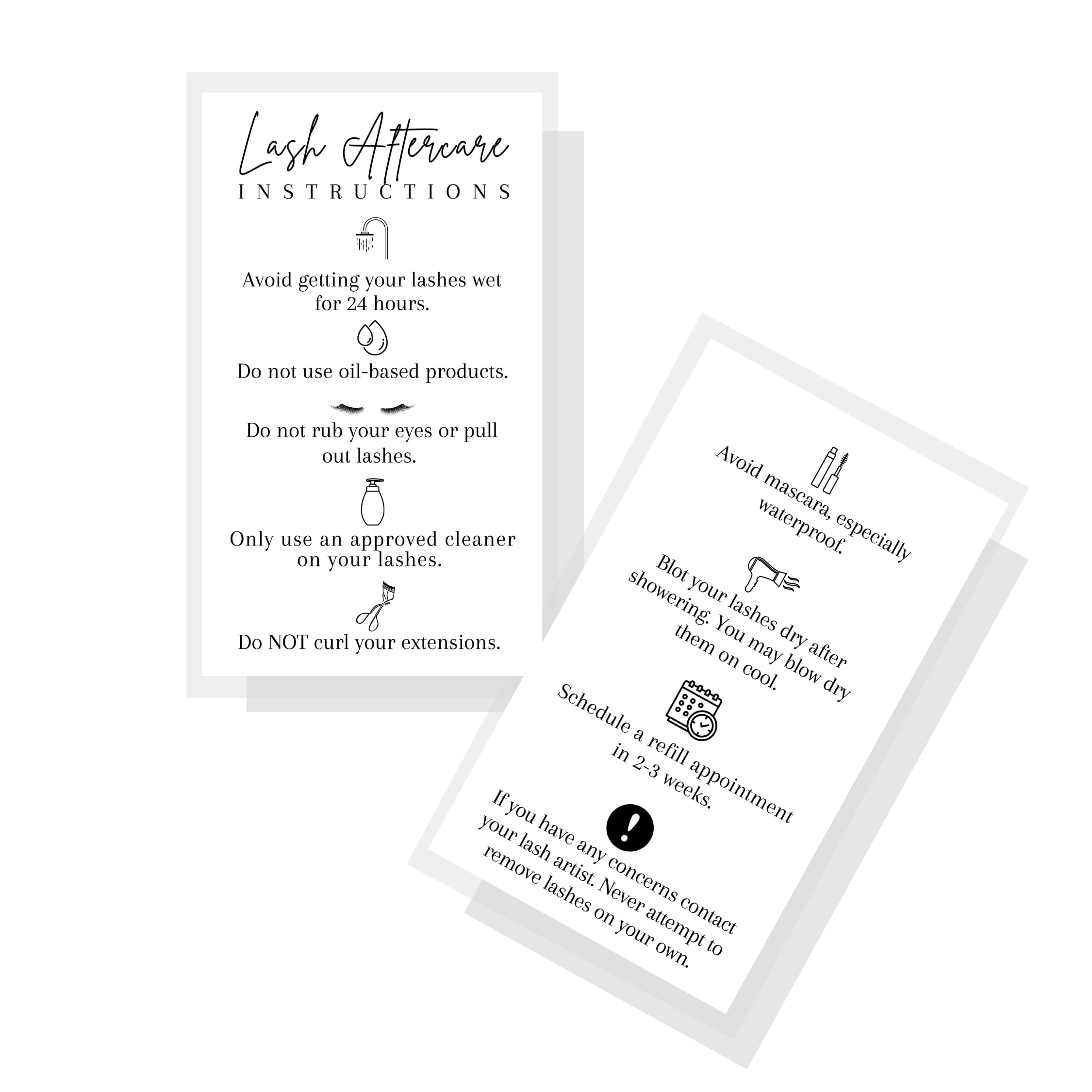 Lash Aftercare Instruction Cards | 50 Pack | 2 x 3.5” inch Business Card | Lash Artist Supplies | Minimalist Black and White Design