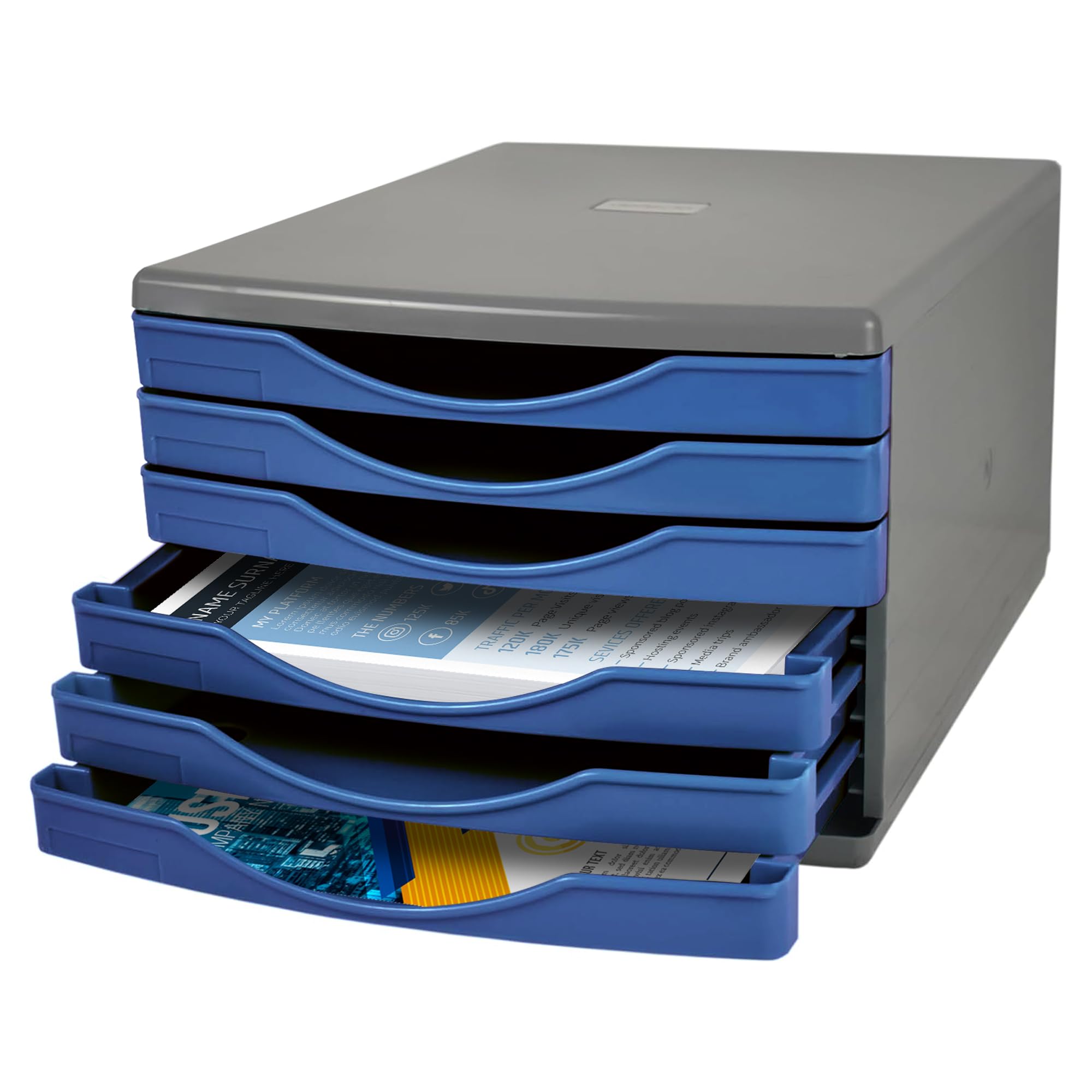 Deflecto Metallic Blue Desk Drawer Set - 6 x 30mm Modern Metallic Blue - A4 Desktop Storage