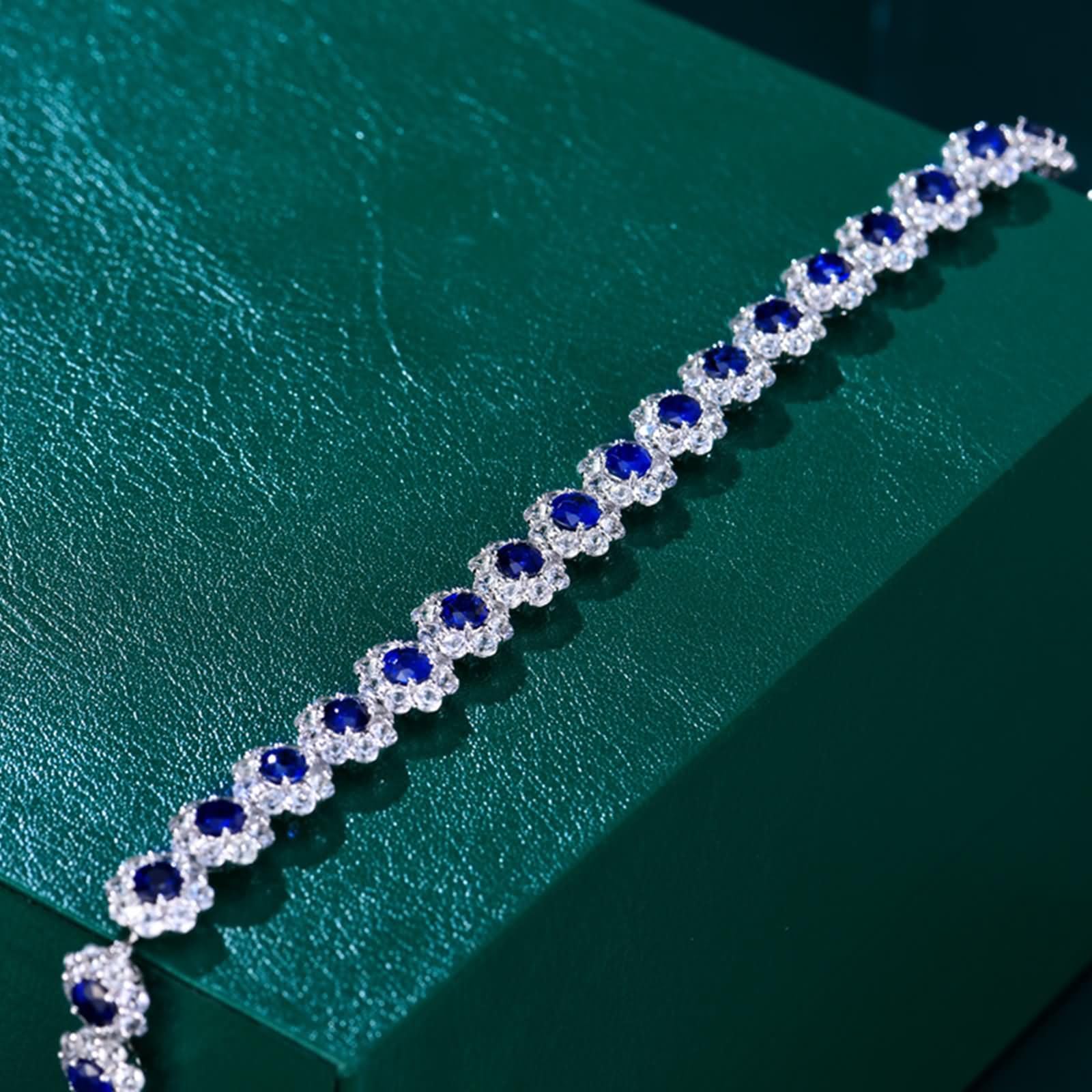 Pulseras Mujer Oro Blanco 9Kt / 14Kt / 18Kt, Flor y Redondo con Zafiro Creado de 7,7 ct y Diamante, Cadena 16 CM, Pulsera de Mujer Plata Azul