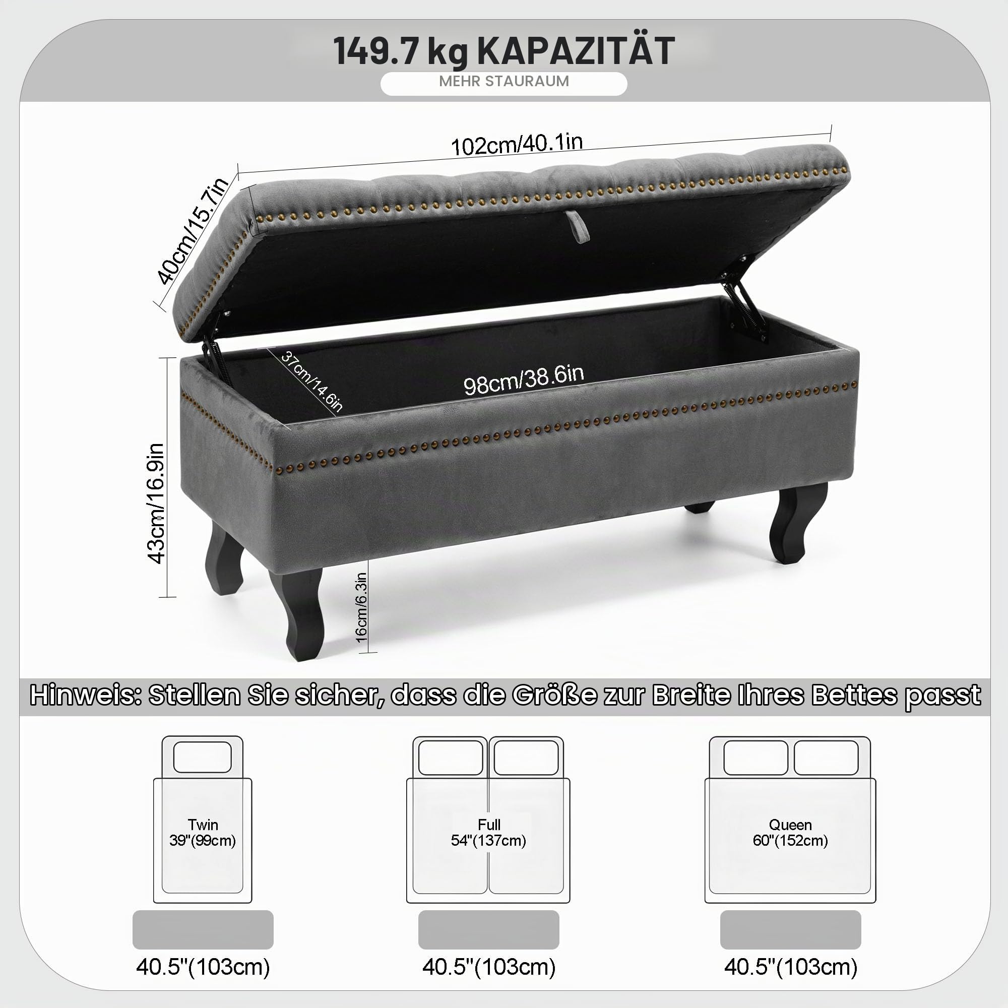 Sitzbank mit Stauraum Samt, Fusshocker Polsterbank mit Deckel, Garderobenbank, 103.5x40.5x45cm, Stauraum Hocker für Wohnzimmer Ankleidezimmer Schlafzimmer Flur (Grau)
