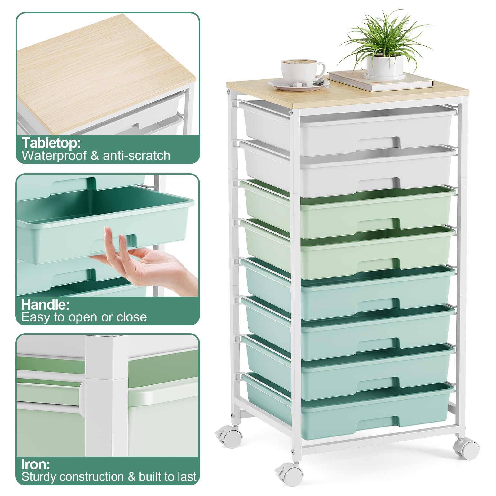 Storage Cart with 8 Drawers, Utility Cart with White Drawers and Wooden Tabletop, Craft Cart, Teacher Organization for Classroom, Storage Furniture, Office Organization, Green