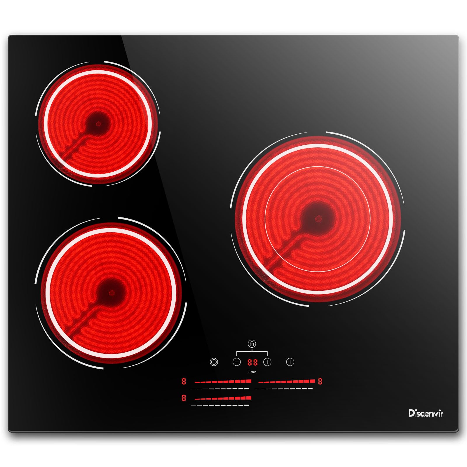 Placa Vitrocerámica 3 Fuegos 5500W Con Control De Doble Anillo, Disaenvir Placa De Cocción Eléctrica, 9 Niveles De Potencia, Función De Pausa, Temporizador, Control Táctil, Función Antitáctil