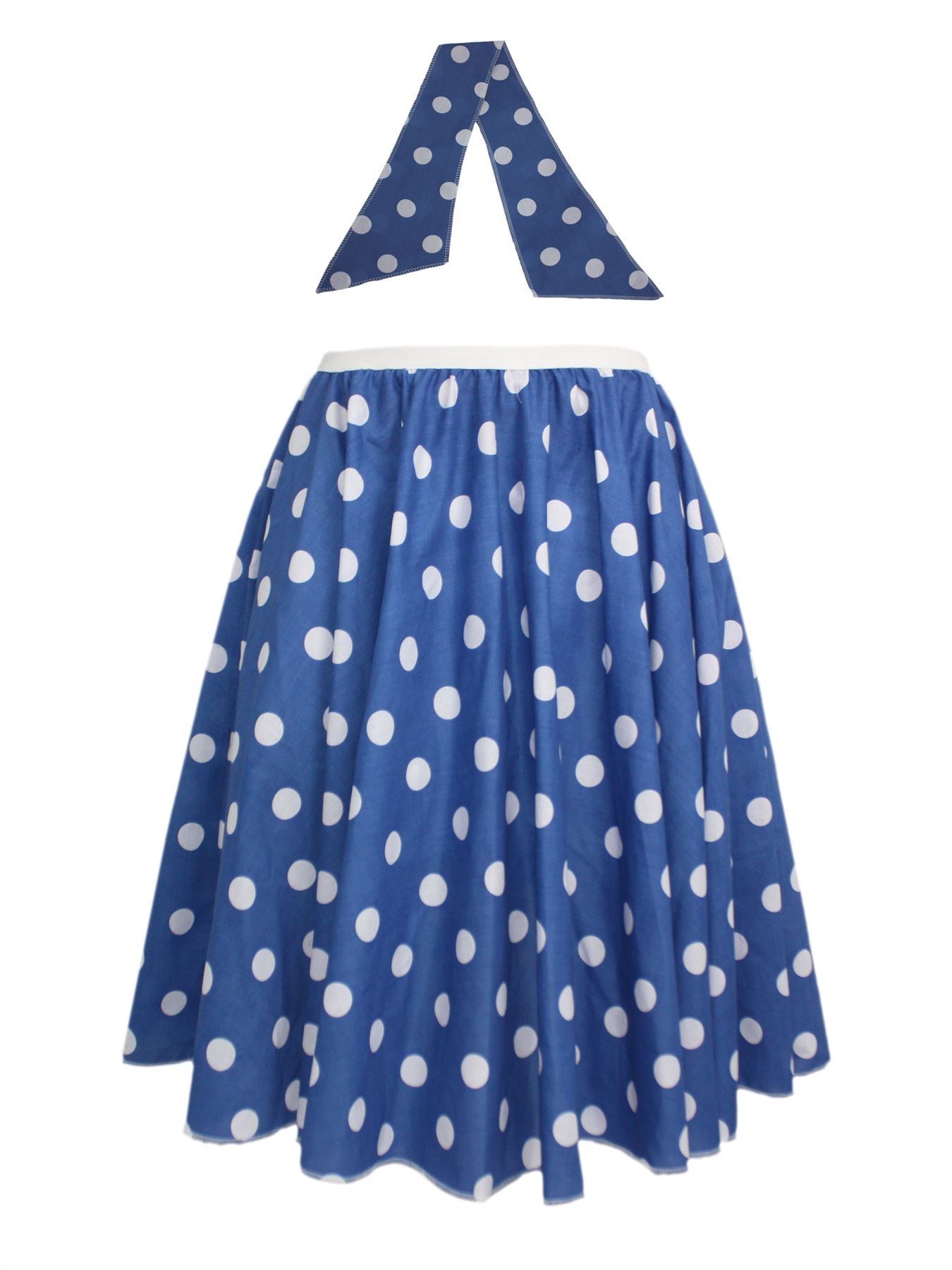 Adults 22" Length Blue & White Polka Dot Rock & Roll Skirt & Necktie Fancy Dress [L-XL]