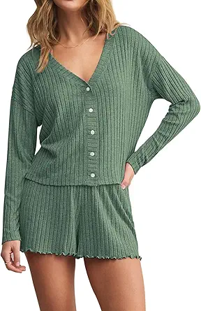 Dressmine Womens Long Sleeve Pajama Sets Button Up Pajamas Sleeping Shorts 2 Piece Lounge Set Knit Sexy Sleepwear