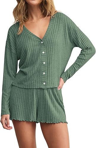Dressmine Womens Long Sleeve Pajama Sets Button Up Pajamas Sleeping Shorts 2 Piece Lounge Set Knit Sexy Sleepwear