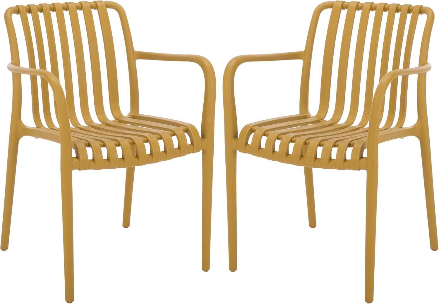SAFAVIEH Outdoor Patio Furniture Collection – Holly Yellow Stacking Dining Armchair Set of 2, Fully Assembled Outdoor Chairs, Modern Slatted Design, Weather-Resistant Patio Seating (PAT4702E-SET2)