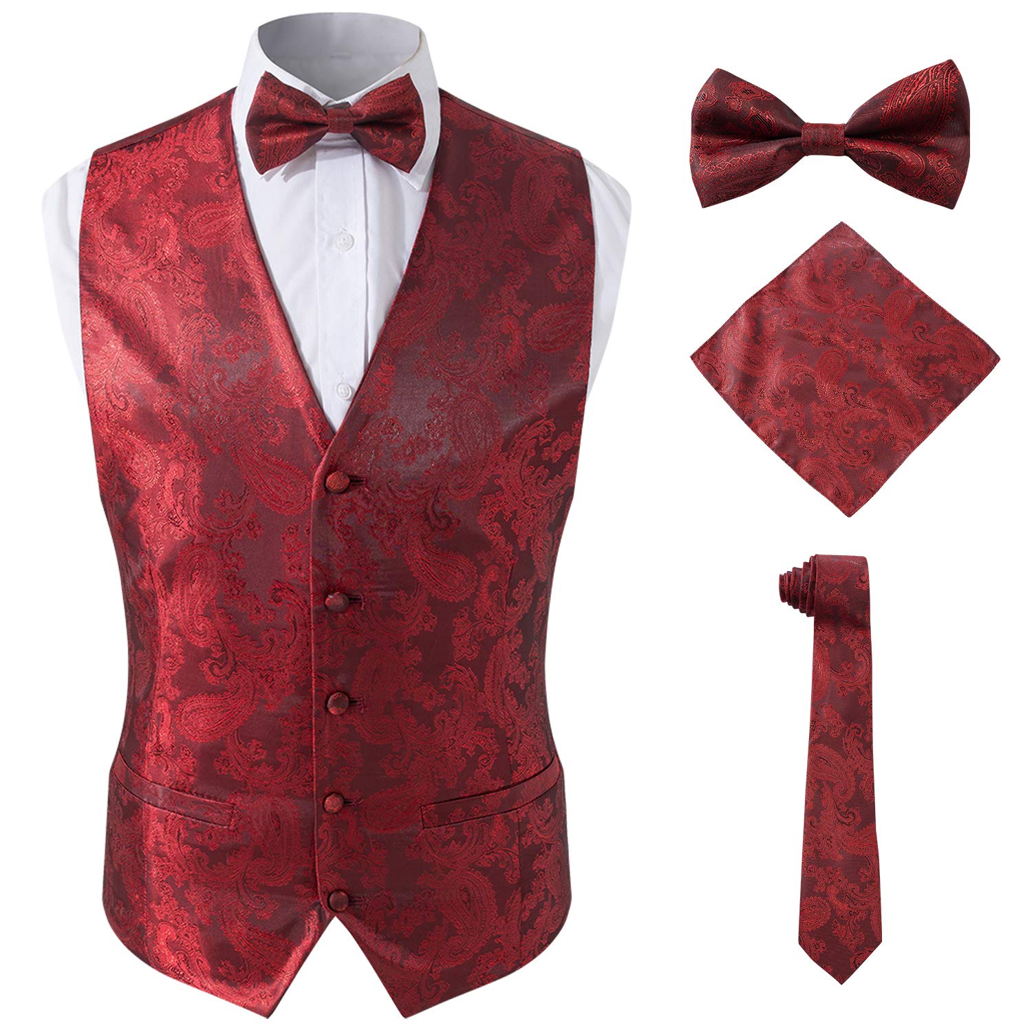 4 in 1 Patterned Design Burgundy Dress Brocade Tuxedo Vests for Men,Red,XL