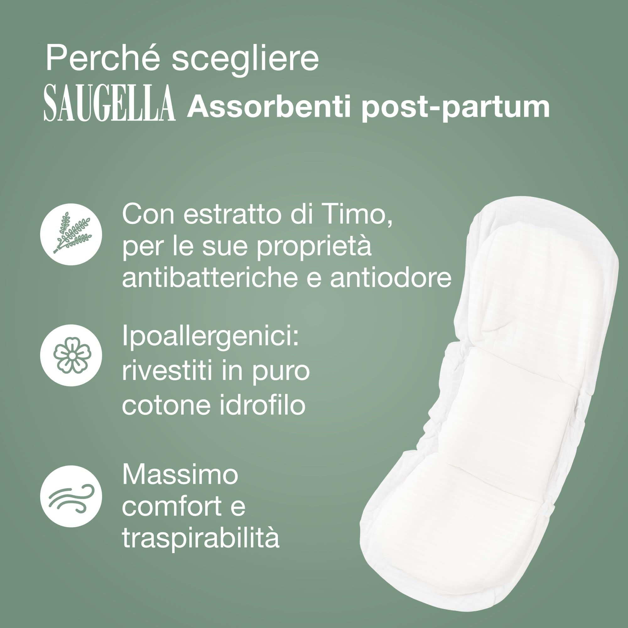 Saugella Cotton Touch Post Parto, 10 Assorbenti Cotone Post Parto, Senza Strato Adesivo, Azione Antibatterica, Lenitiva