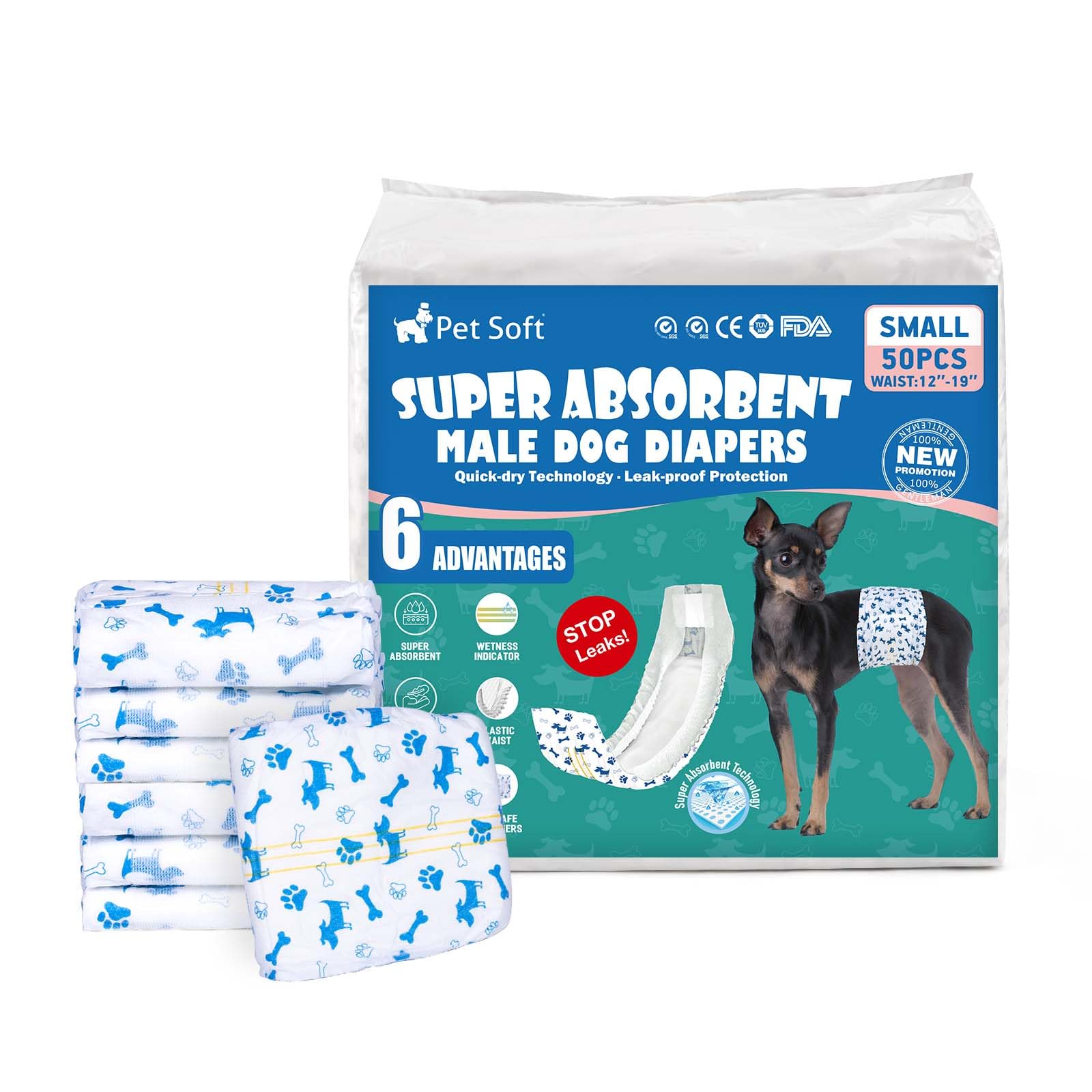 Pet Soft Pañales desechables para perros, 50 unidades, para perros macho, altamente absorbentes, con indicador de humedad y a prueba de fugas (S-50 unidades)