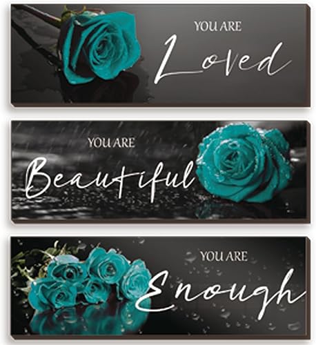 3 piezas de decoración de pared verde azulado inspiradoras rosas de color verde azulado, decoración de baño, arte de pared de madera, citas