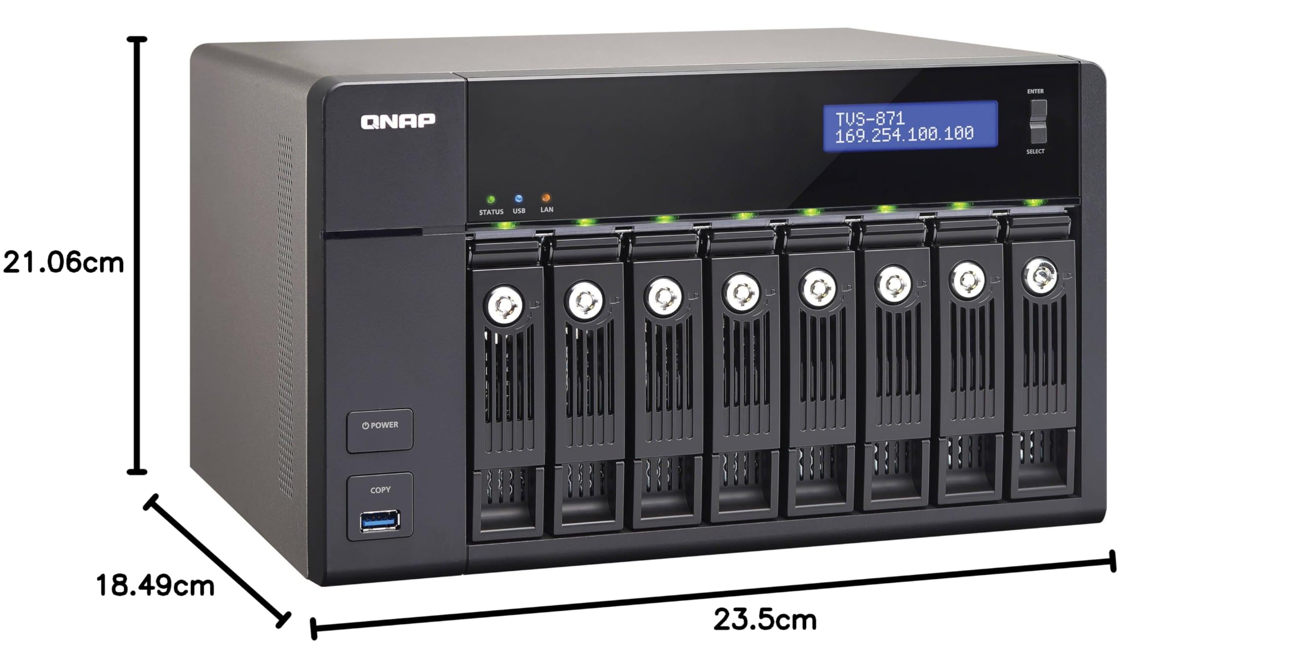 QNAP TVS-871-I3-4G - Serveur NAS de Stockage Unifié 8 Baies, Intel Core i3 3.5 GHz Dual Core, 4Go RAM Extensible, 4 Gbe LAN, HDMI, 10G-ready, 4K-ready, Châssis Vide