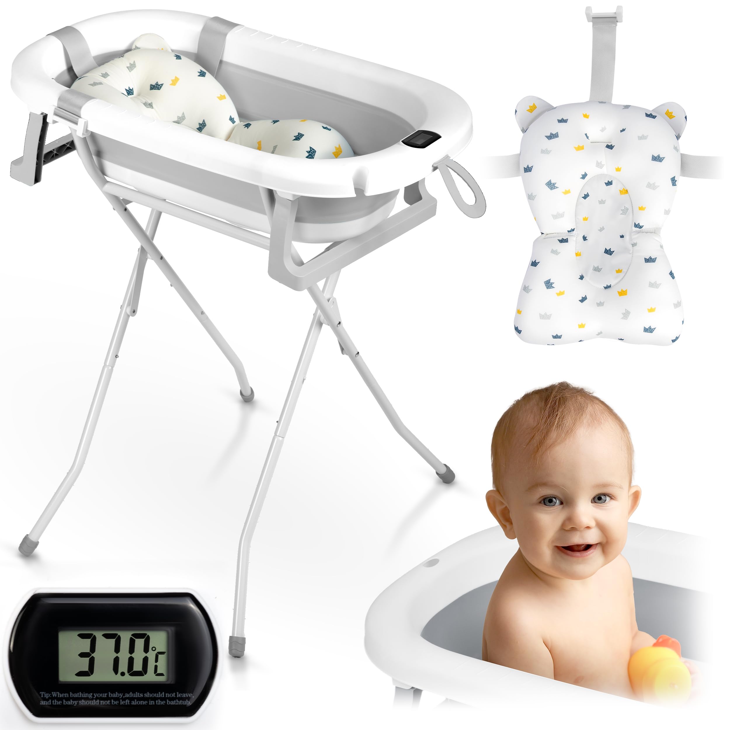 Ricokids Baby Badewanne Babywanne mit Gestell Thermometer und Badekissen - Faltbar Leicht Rutschfest - Weiß Grau