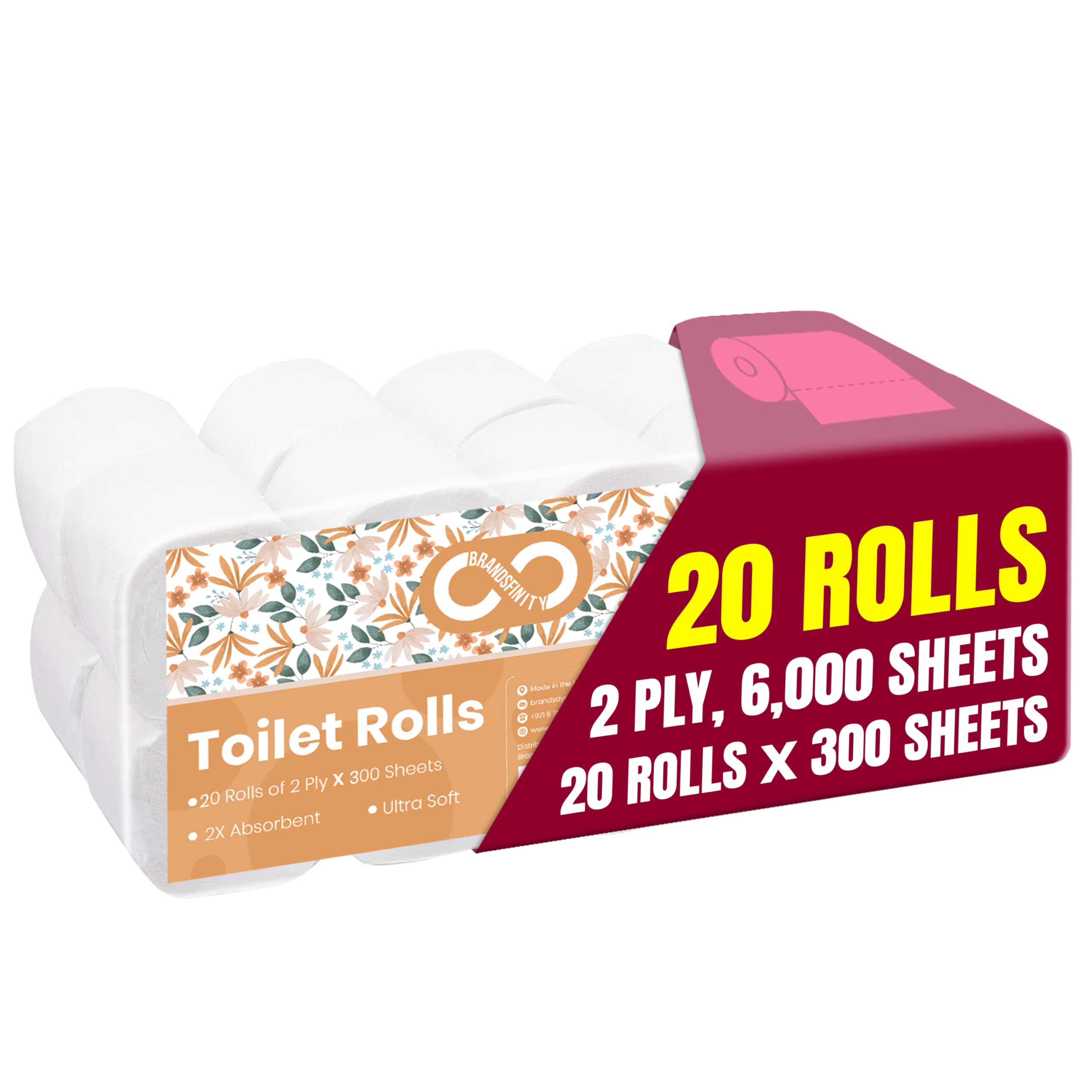 – BrandsFinity Toilet Tissue Paper - Pack of 20 Rolls x 300 Sheets per Roll, 2 Ply Soft and Fluffy Embossed, Unscented Bathroom Tissue (Total 6000 Sheets)