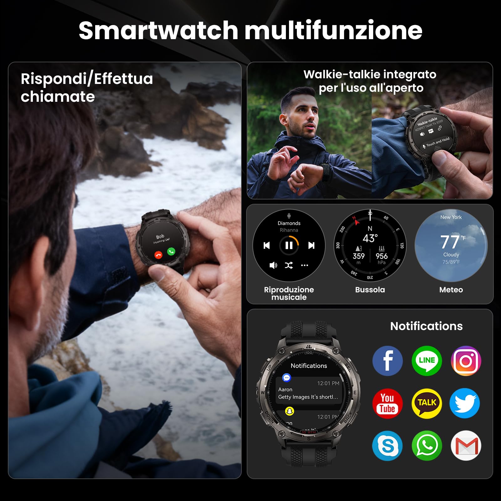 KOSPET TANK T4 Special Edition Smartwatch Uomo Rugged, Mappe Offline, IP69K | GPS a 6 Satelliti, Impermeabile 10 ATM, Batteria 15 Giorni, Chiamate Bluetooth, 180+Modalità Sportiva, Monitor Salute 24/7