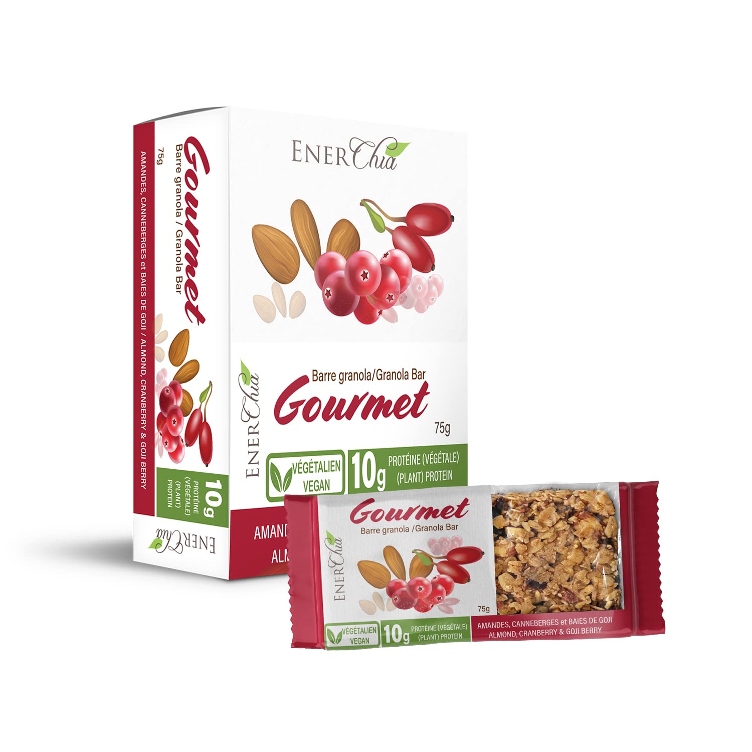 ENERCHIA Gourmet Granola Power Bar - Almond Cranberry & Goji Fruit - Vegan Protein Breakfast Bar (10g protein per 75g Snack Bar, Pack of 12)