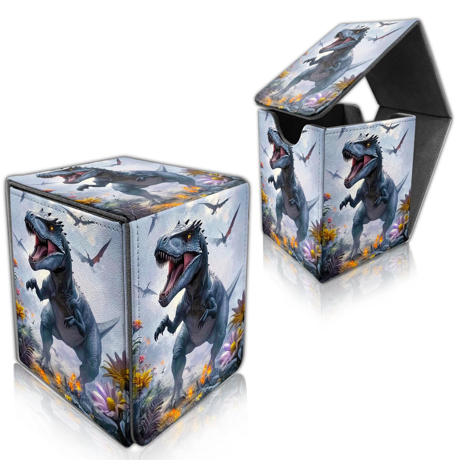 DISUOFEART for MTG Deck Box, Trading Card Storage Case Holds 100+ Sleeved Cards, Fierce Dinosaur in Floral Magnetic Closure Durable Deck Holder for Magic The Gathering, TCG & Commander