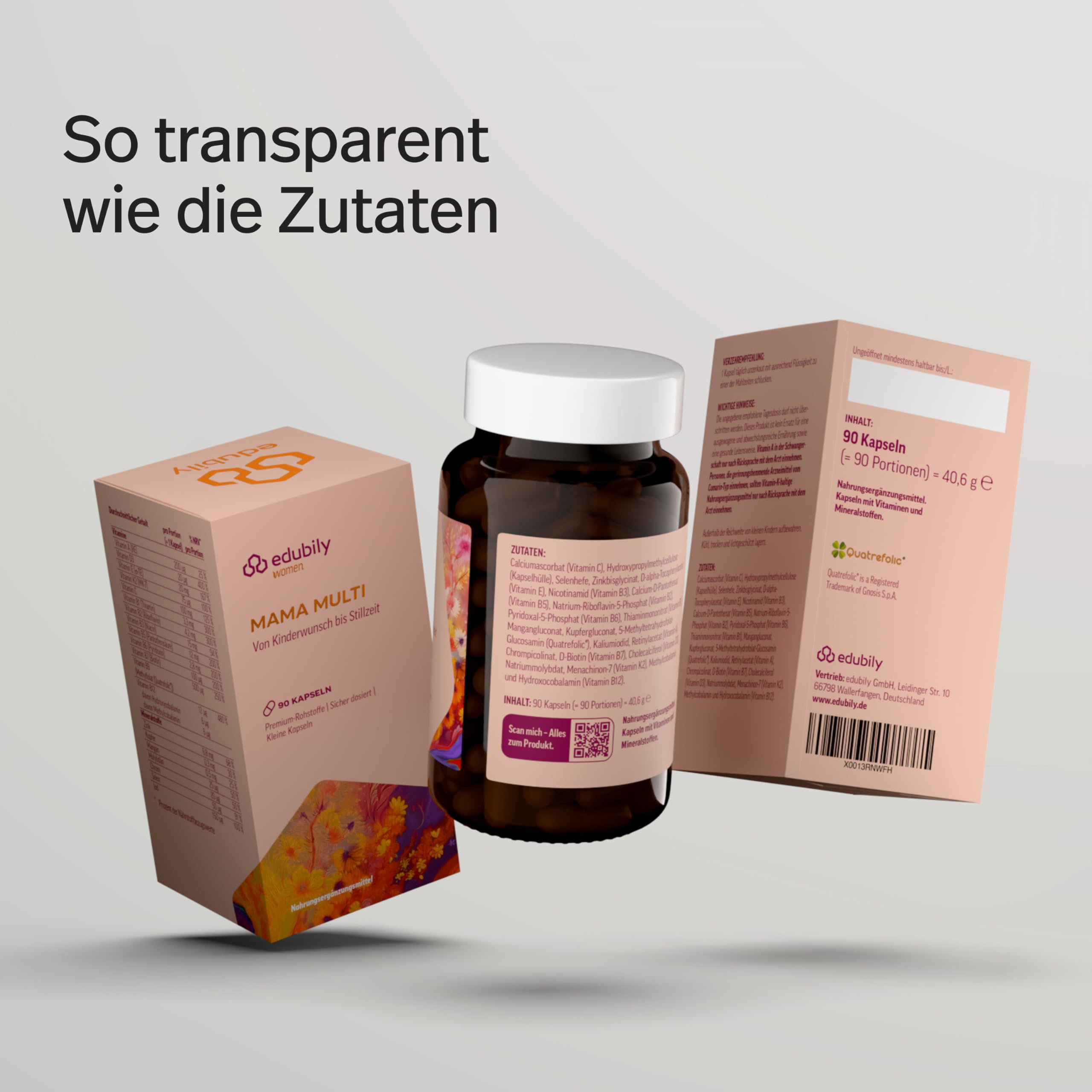 edubily® Mama Multi – Multivitamin für besondere Lebensphasen wie Kinderwunsch, Schwangerschaft & Stillzeit – Nahrungsergänzung mit Folat und ausgewählten Vitaminen (90 Kapseln)