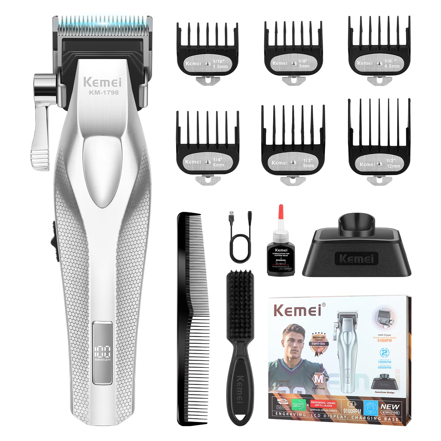 KEMEI Trimmer KM-1798 - Tagliacapelli da uomo | Regolabarba senza fili, tagliacapelli da barbiere con USB ricaricabile, tagliacapelli, dissolvenza, regalo per uomini
