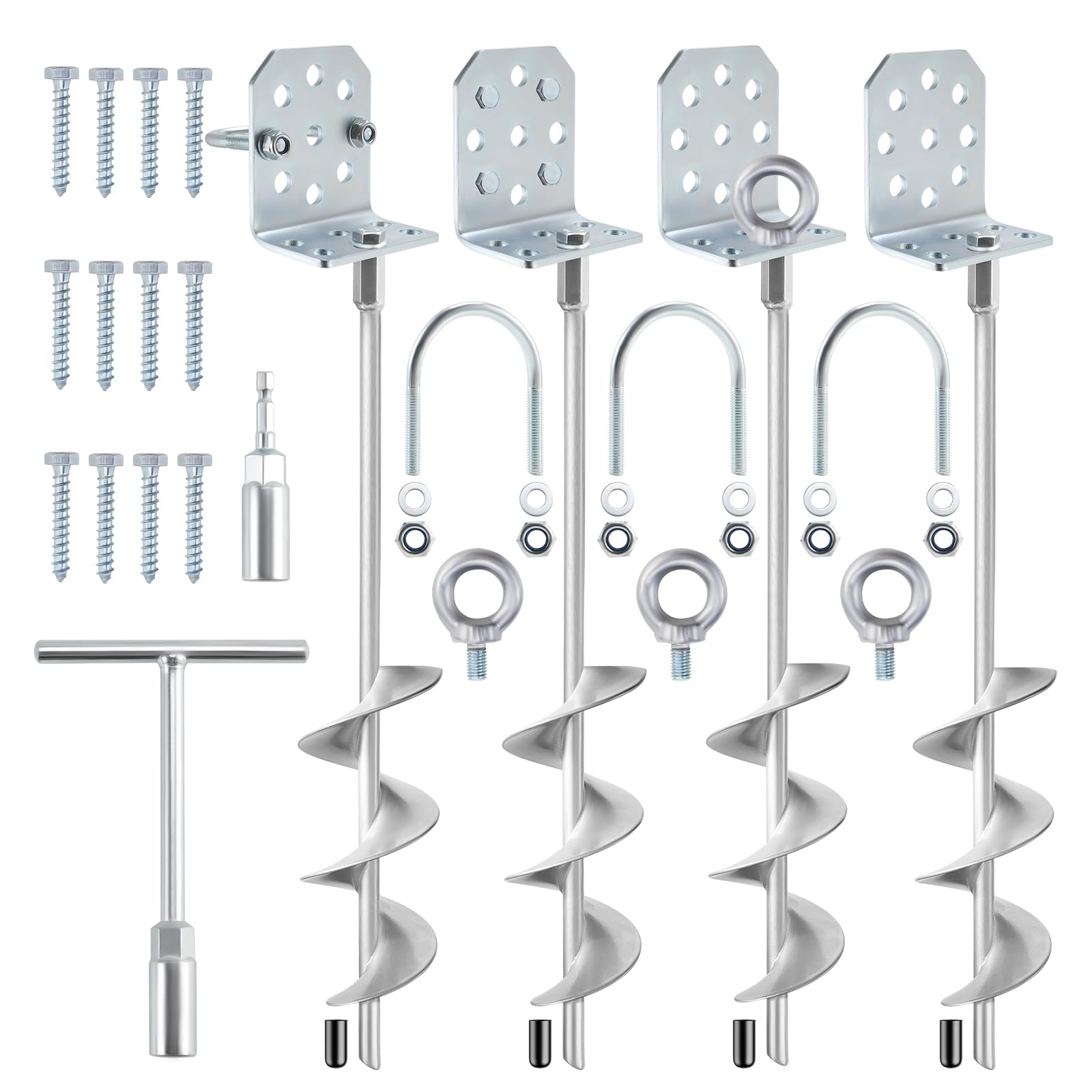 Set di ancoraggi per altalena, 50,8 cm, resistenti ancoraggi a terra con staffe a L e adattatore per trapano, ancoraggio a terra a spirale completamente saldato per capannoni, trampolini