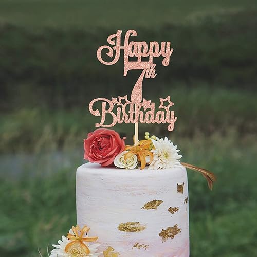 Miniatura 5 de Betalala Decoración para tartas de feliz 7 cumpleaños, Cheers to 7 años, Hello 7, 7th Birthday Anniversary Party Decor Rose Gold Glitter