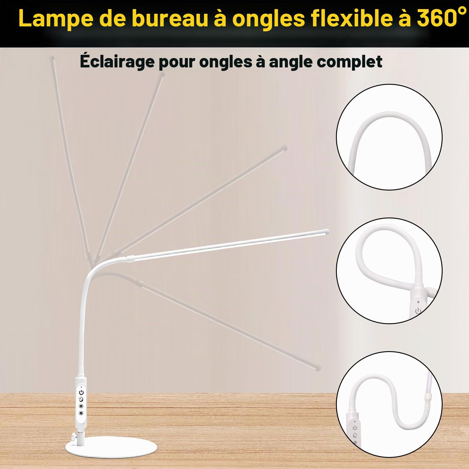 CGBE 60cm Lampe de Table Manucure LED pour Prothésiste Ongulaire Blanc | 360 ° Flexible, 18W LED Anti-éblouissement, 3 Modes 5 Intensités Réglable, Contrôle Tactile, Pour Manucure Lecture Travail