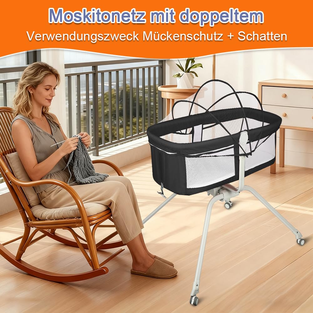 Cuna Colecho Bebé con Colchón y Mosquitera, Altura Ajustable, Cuna Plegable con Ruedas y Función Mecedora, de 0 a 36 Meses（94 * 70 * 80cm,Negro）
