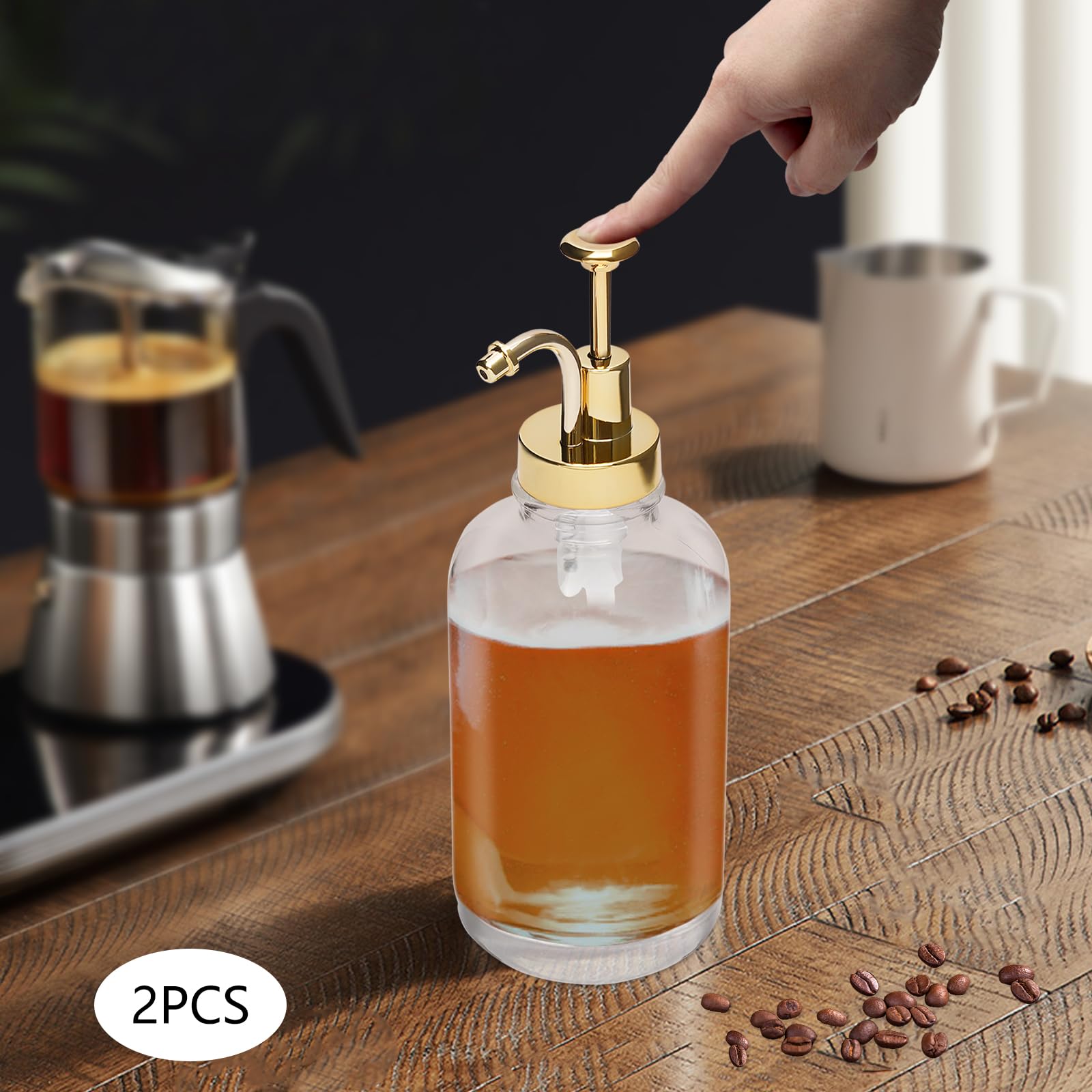 2 dispenser per pompa in vetro con imbuto, dispenser trasparente per sciroppi di caffè, bottiglia di sciroppo di vetro con pompa, capacità di ogni dispenser 500 ml