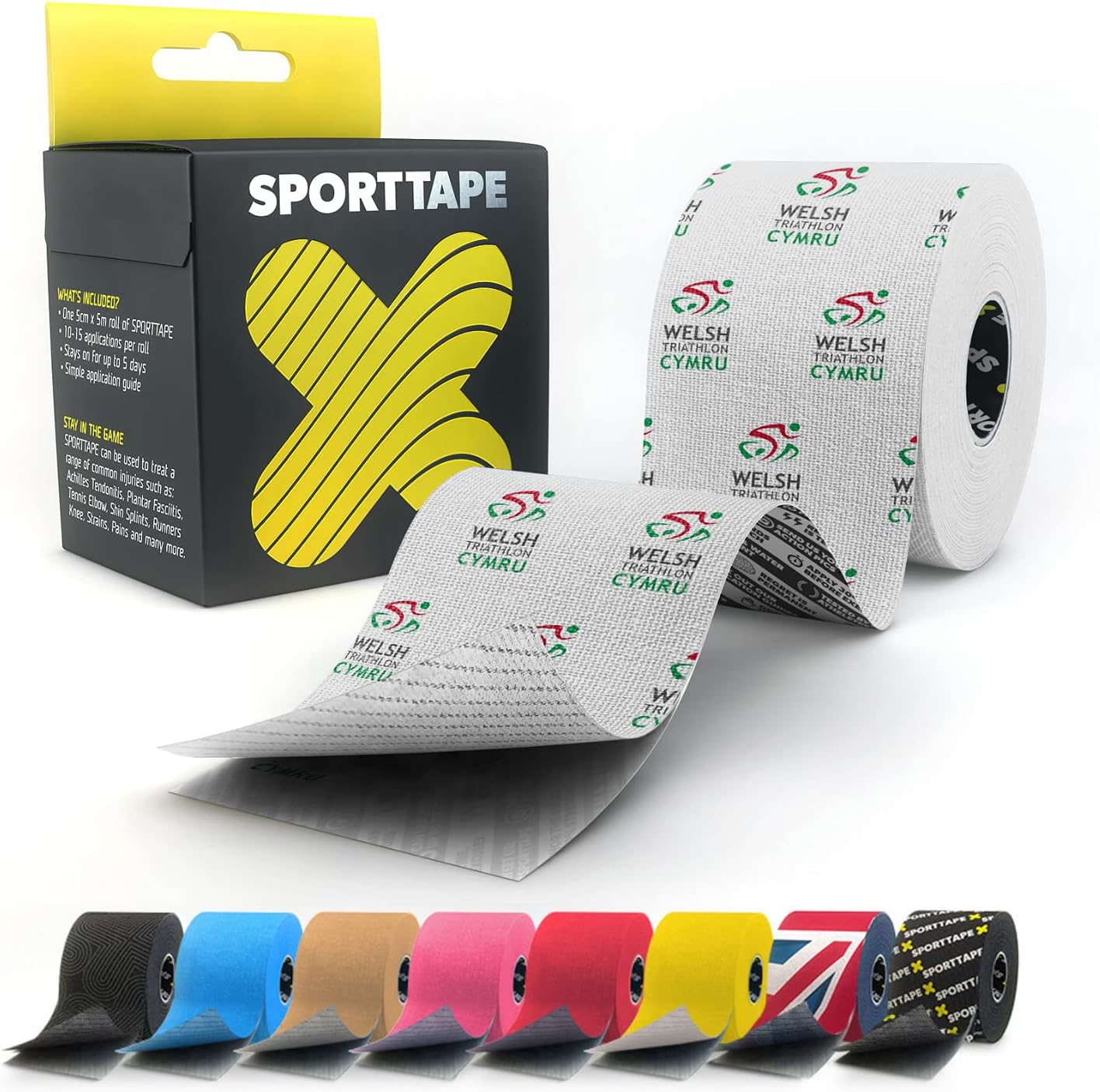 Extra Sticky Kinesiology Tape, 5cm x 5m - Welsh Triathlon - Hypoallergenic, Waterproof K Tape Physio, Medical Sports Tape for Muscle Injury, Support by SPORTTAPE