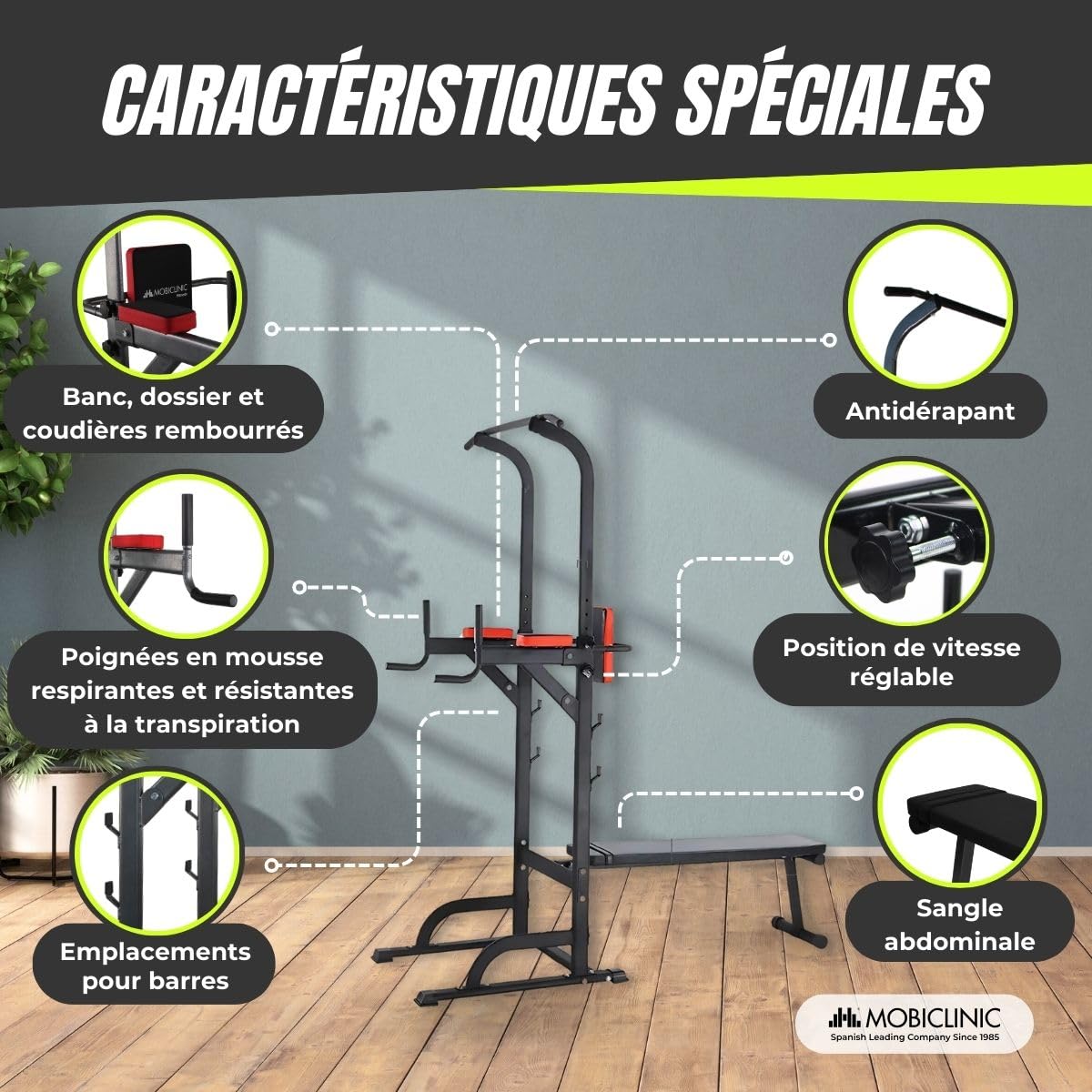Mobiclinic®, Station de Musculation avec Banc, 9 en 1, Pliable, Domifit, Réglable 8 Hauteurs, Barre Traction, Banc Incliné, Support pour Haltères, Multifonction, Antidérapant, Rembourré