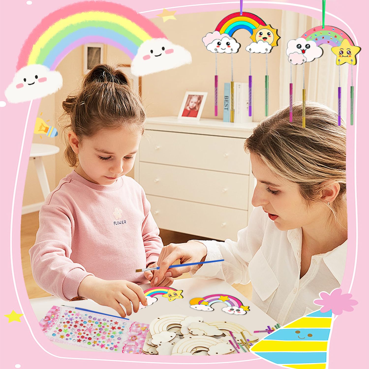 Kit Créatif 12 Carillons à Vent Arc-en-ciel En Bois à Peindre - Activité Manuelle Enfant, DIY, Avec Tubes Métalliques Et Autocollants