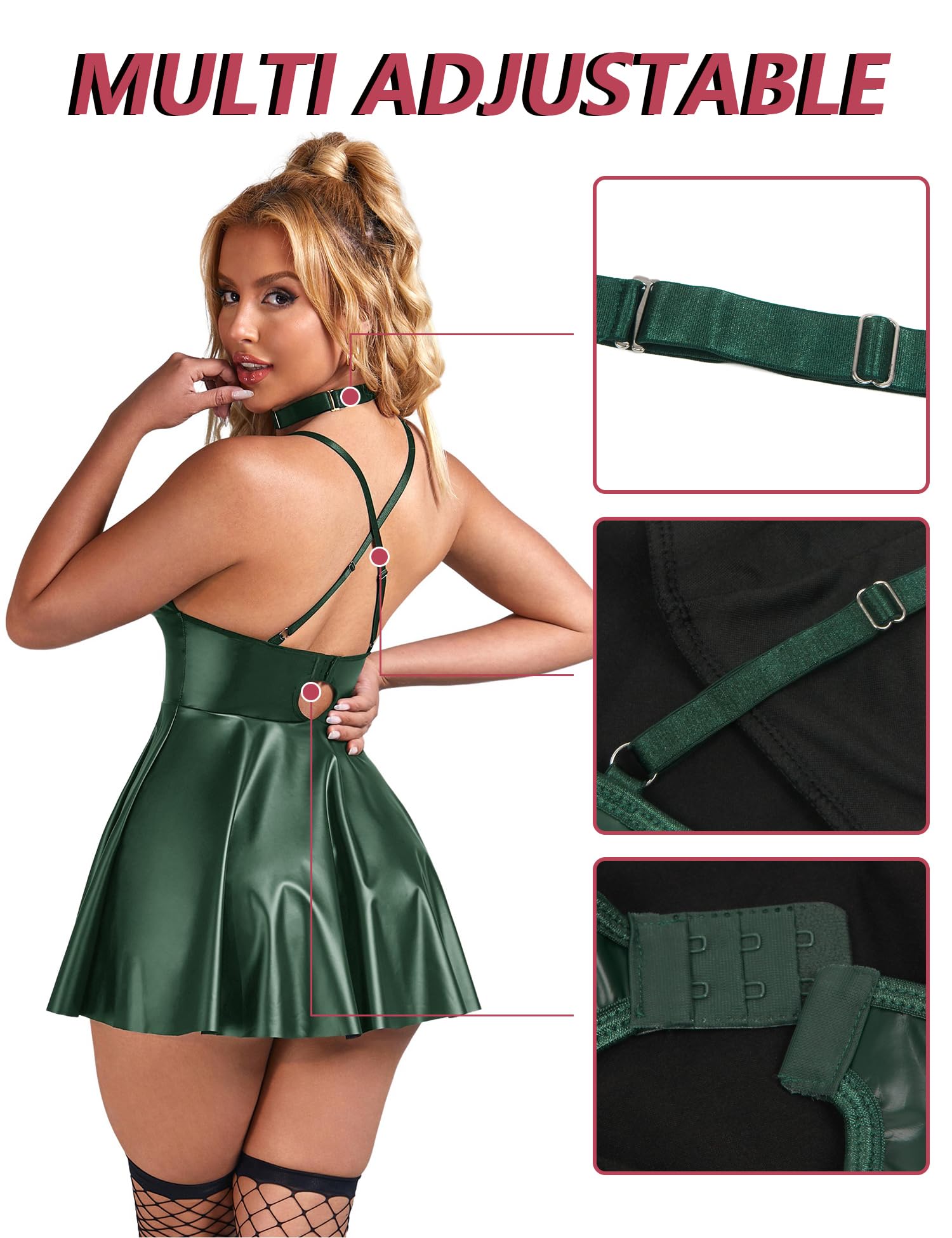 ohyeah Faux Leather Lingerie Set for Women Plus Size PU Lingerie V Neck Backless Babydoll Chemise Mini Lingerie Dress: Medium 1- Green